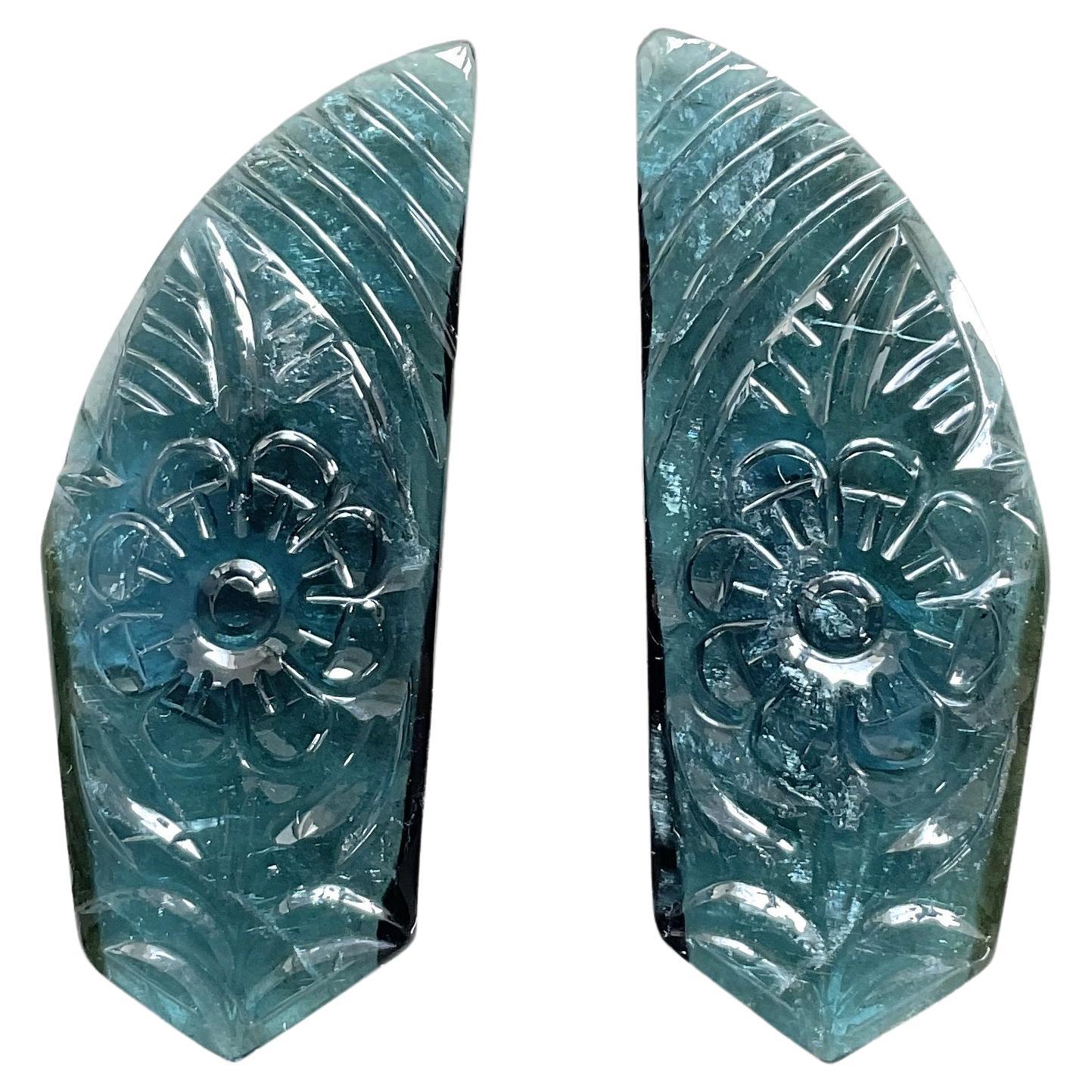 45.83 carats blue tourmaline carved pair top quality fine jewelry natural gem For Sale