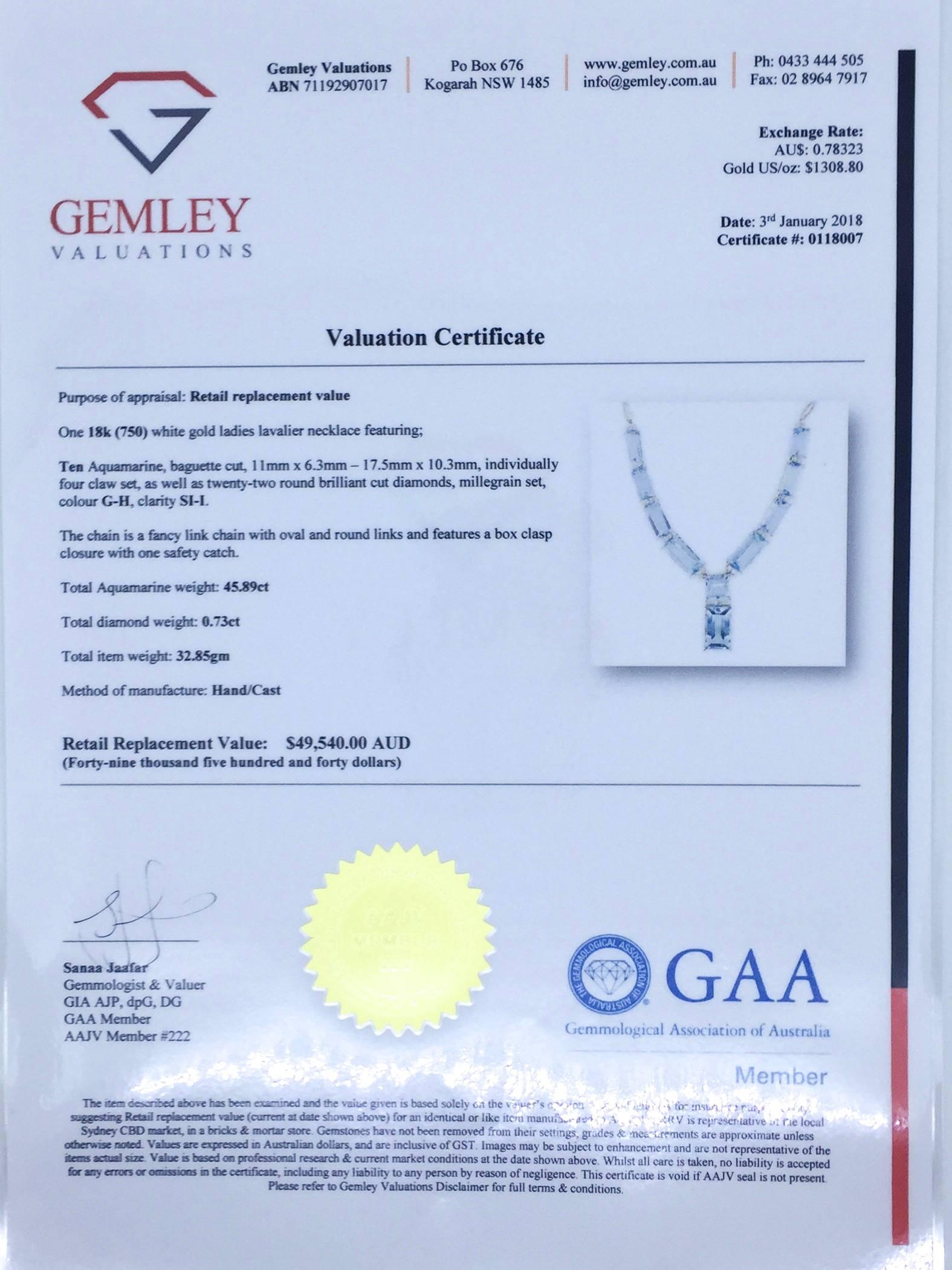 Aquamarine and Diamond Necklace by Cartmer Jewellery
Valuation Certificate $49,540 AUD

AN AQUAMARINE AND DIAMOND NECKLACE 
Comprising ten emerald cut aquamarines totalling 45.89cts, spaced by round brilliant cut diamonds totalling 0.73cts, mounted