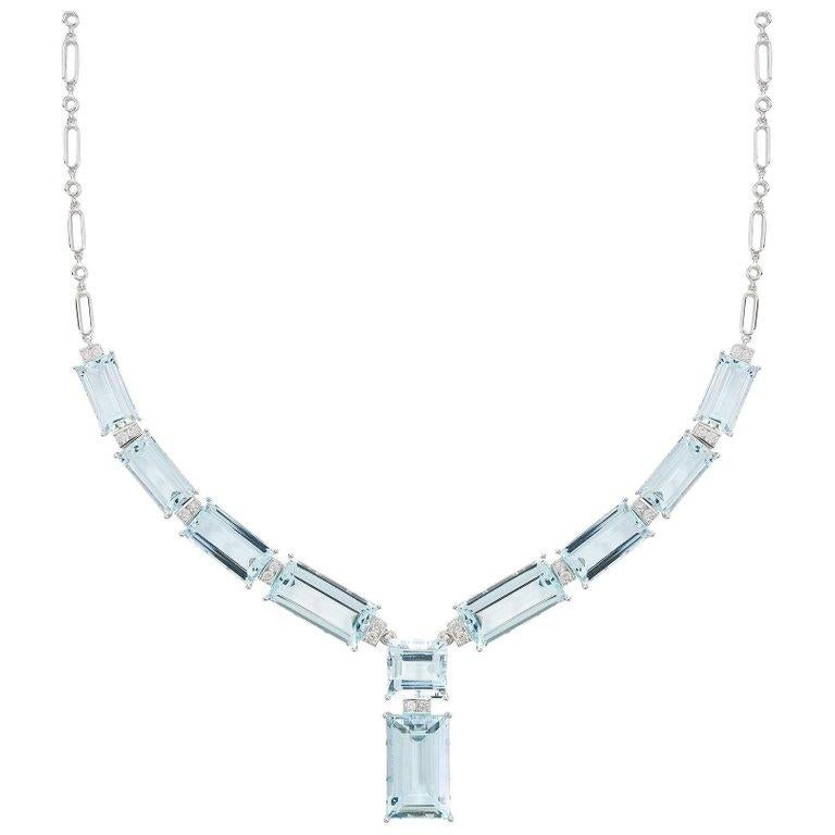 Women's 45.89 Carat Aquamarine Diamond Necklace 18 Carat White Gold Art Deco Style  For Sale