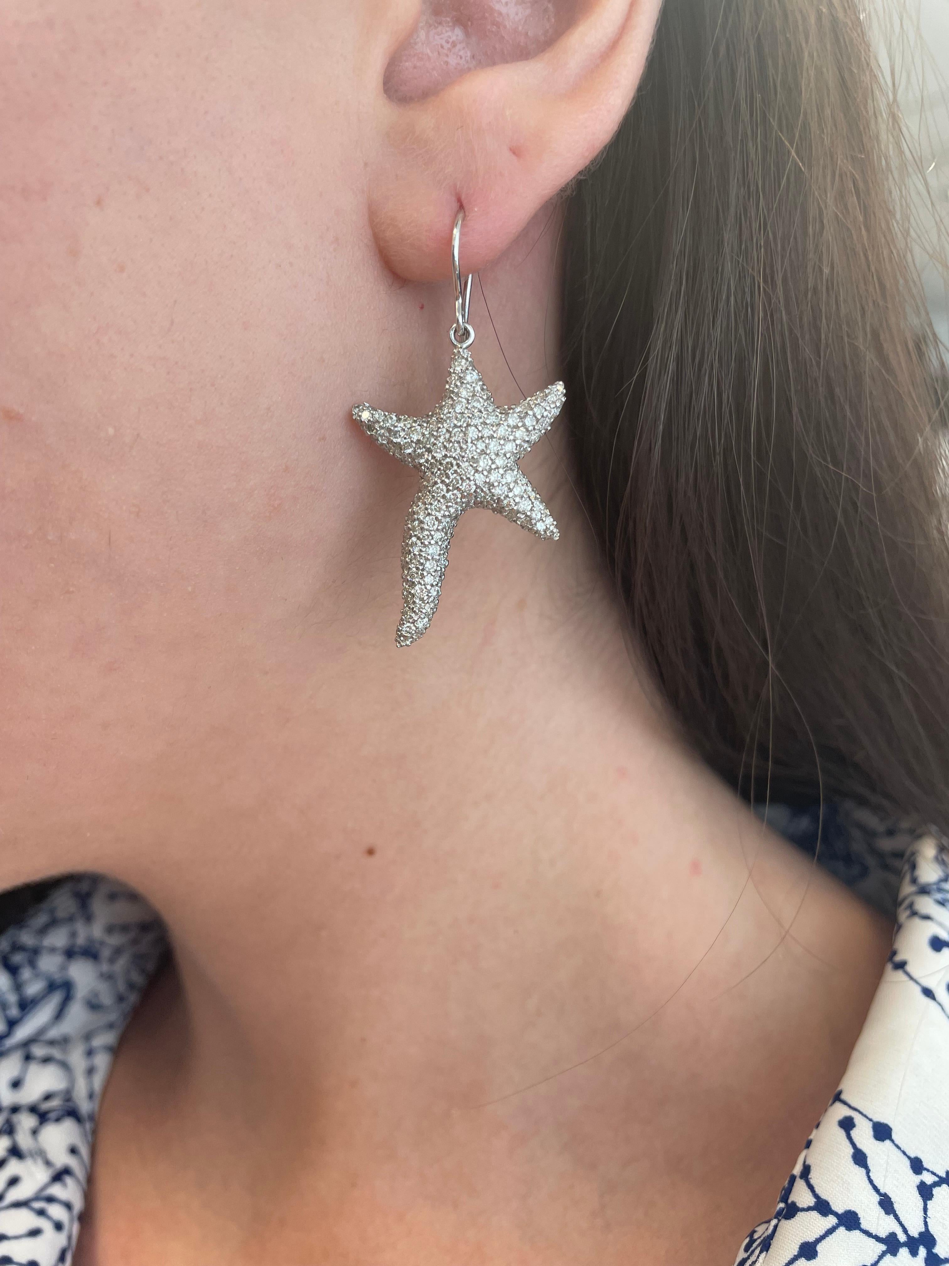 Beautiful pave set diamond starfish earrings.
4.58ct of round brilliant diamonds, approximately G/H color grade and SI clarity grade diamonds. 18-karat white gold. 
Accommodated with an up to date appraisal by a GIA G.G. upon request. please contact
