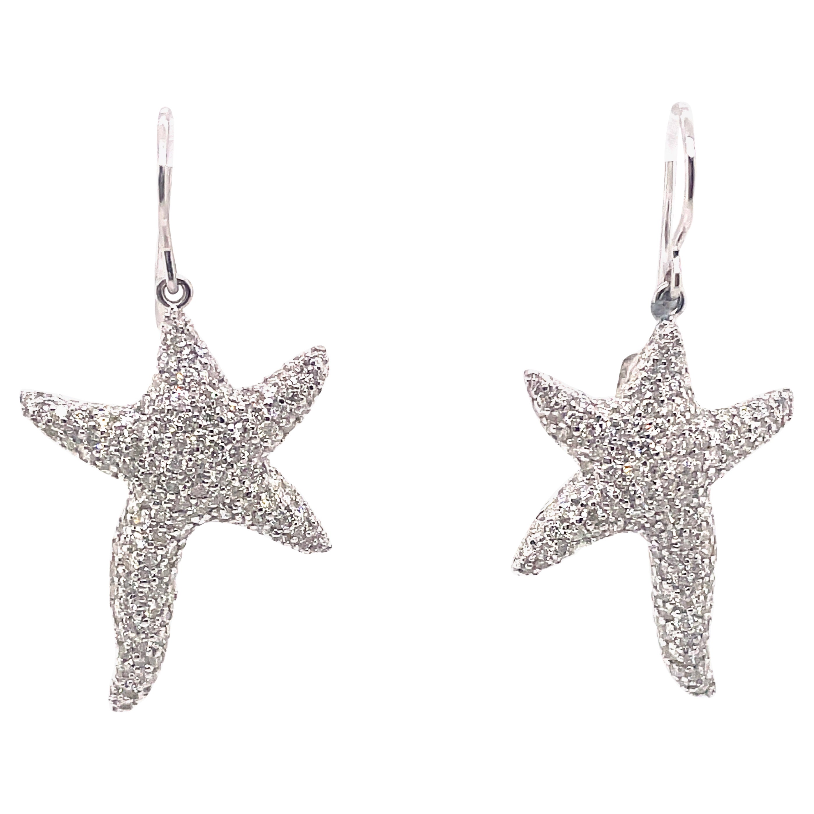 4.58ct Diamond Starfish Pave Drop Earrings 18k White Gold For Sale