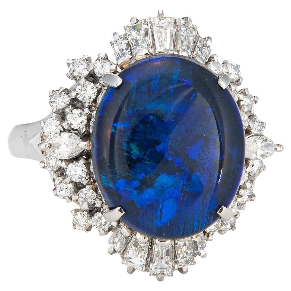 4.58ct Natural Black Opal Ring Diamond Estate Platinum Sz 7.5 Mixed Cuts For Sale