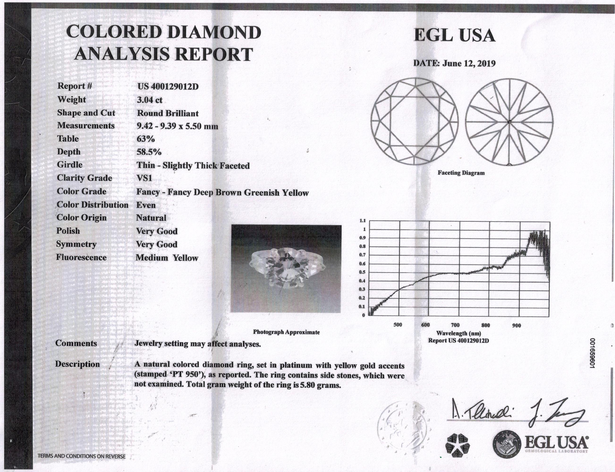 4.58ct Natural Fancy Brown Greenish Yellow Round Diamond 3-Stone Platinum Ring 8