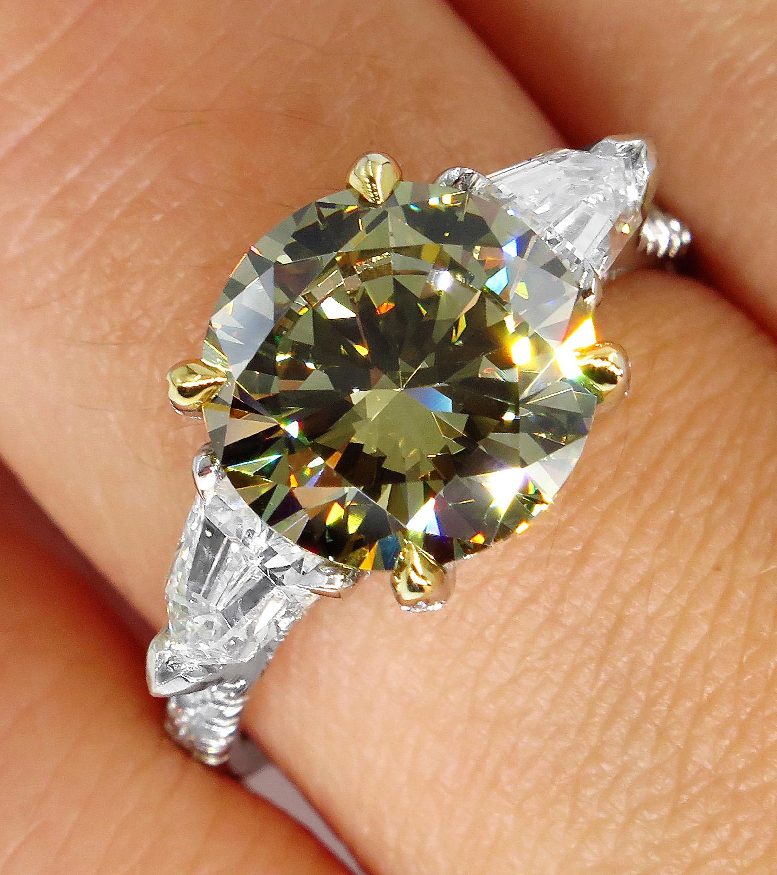 4.58ct Natural Fancy Brown Greenish Yellow Round Diamond 3-Stone Platinum Ring 1