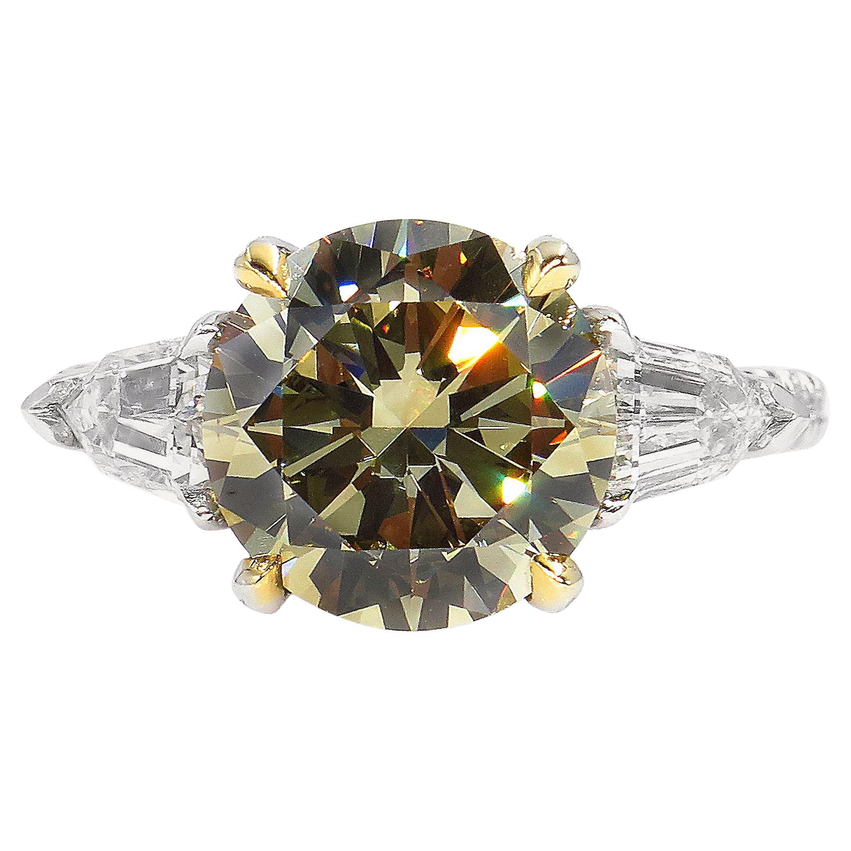 4.58ct Natural Fancy Brown Greenish Yellow Round Diamond 3-Stone Platinum Ring