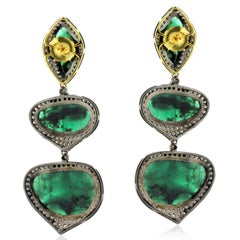 45.8ct Vivid Green Emerald 3 Tier Dangle Earrings With Diamond In 18k White Gold