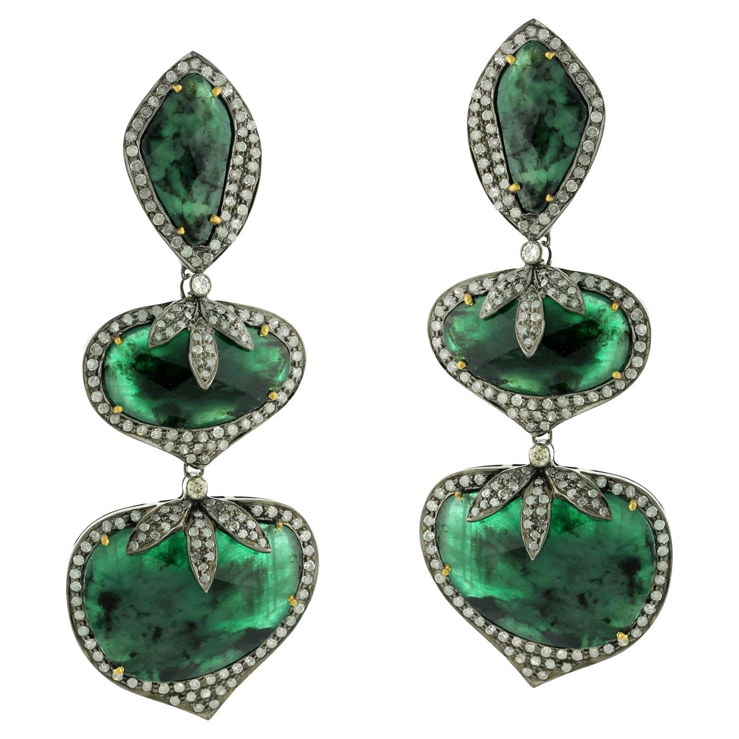 45.8ct Vivid Green Emerald 3 Tier Dangle Earrings With Diamond In 18k White Gold