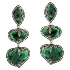 45.8ct Vivid Green Emerald 3 Tier Dangle Ears With Diamond In 18k White Gold (Boucles d'oreilles pendantes en or blanc 18k)