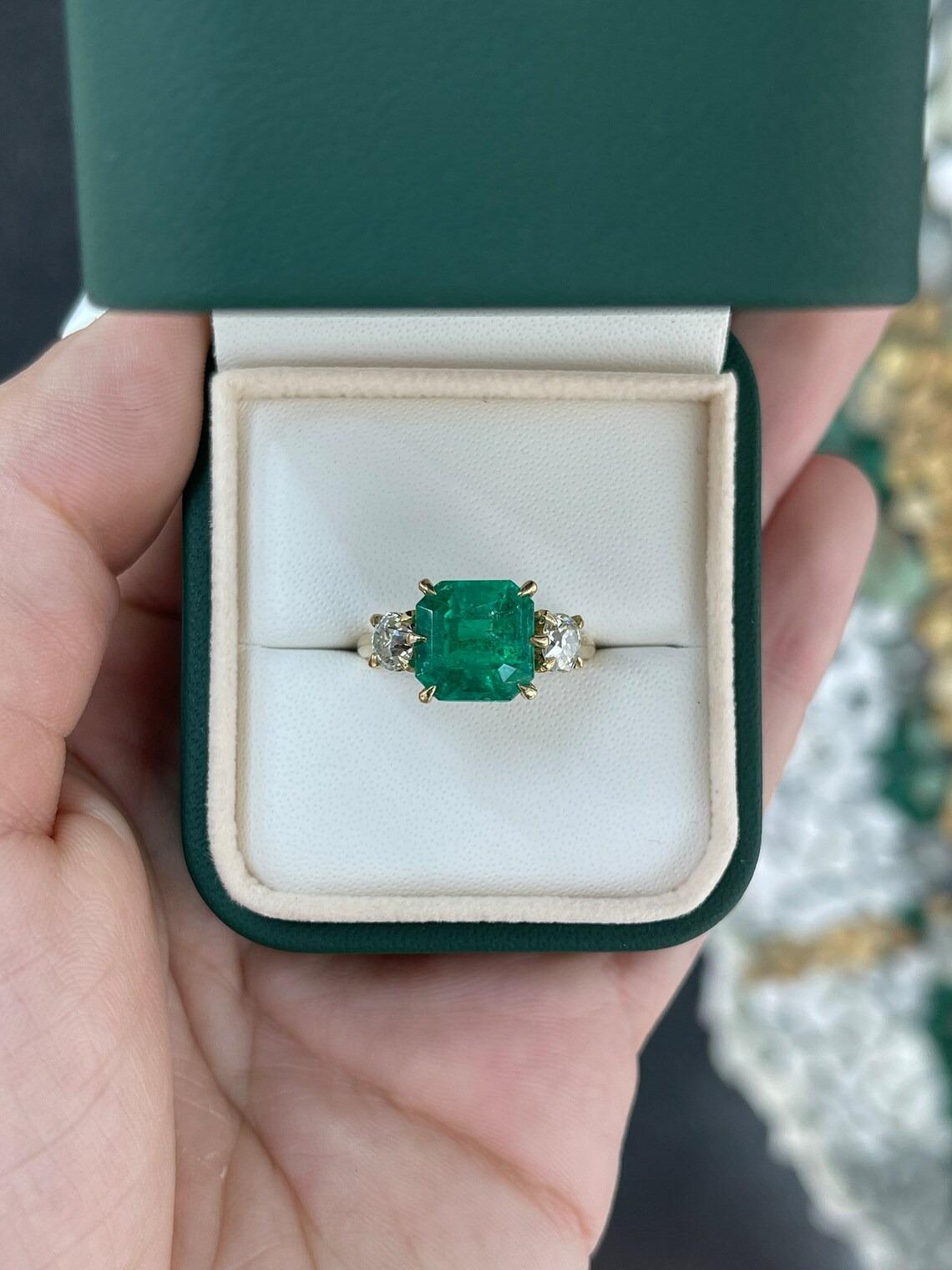 Victorian 4.58tcw 18K Rich Green Asscher Emerald & OEC Diamond 3 Stone Vintage Gold Ring For Sale