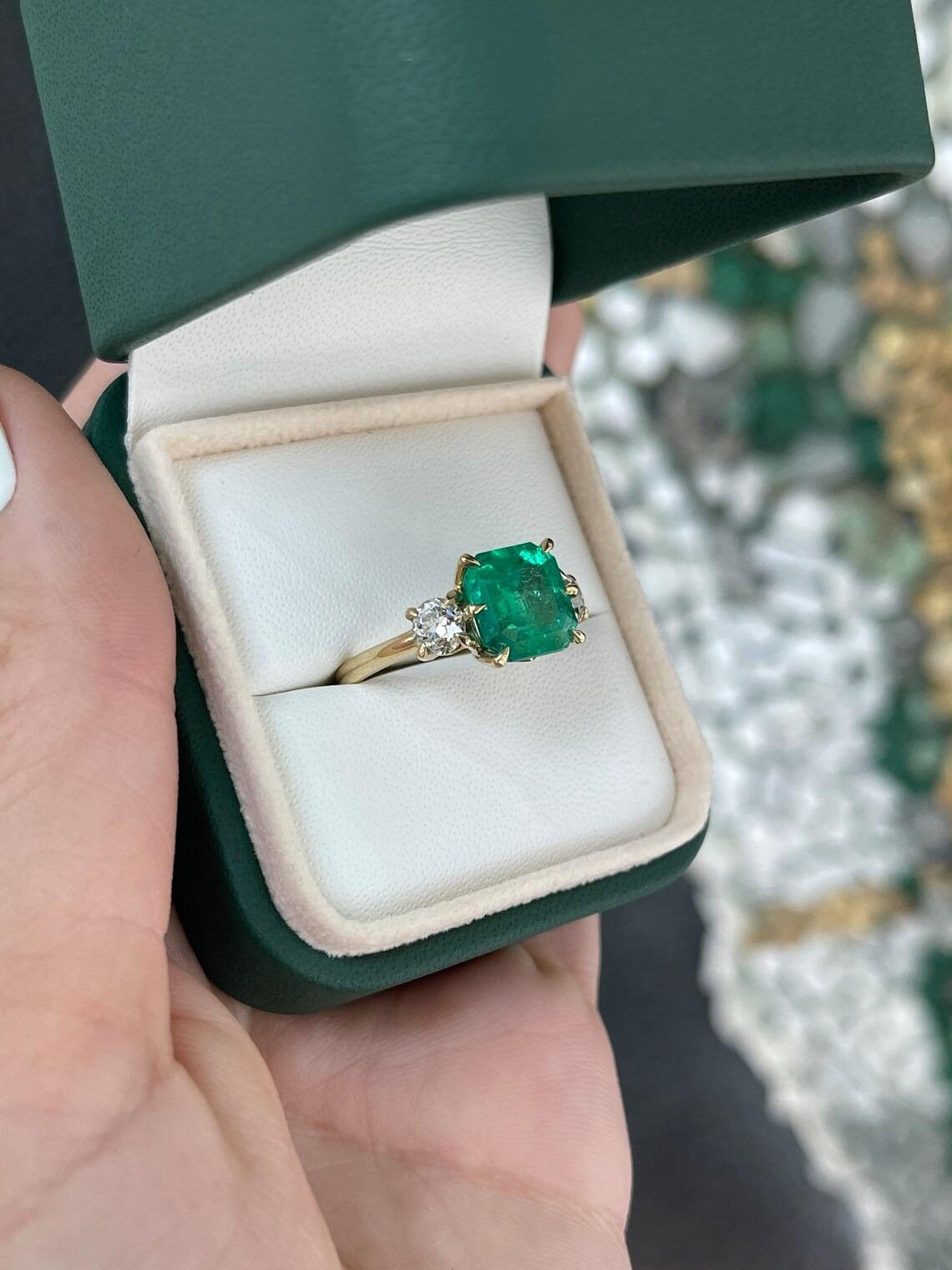 Asscher Cut 4.58tcw 18K Rich Green Asscher Emerald & OEC Diamond 3 Stone Vintage Gold Ring For Sale