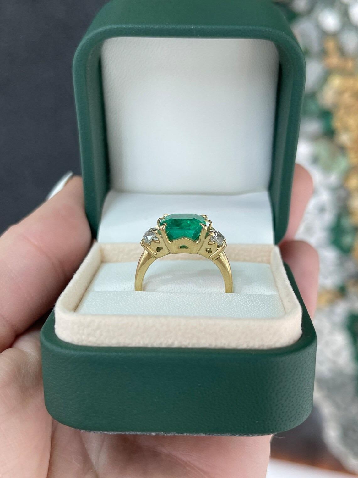 Women's 4.58tcw 18K Rich Green Asscher Emerald & OEC Diamond 3 Stone Vintage Gold Ring For Sale