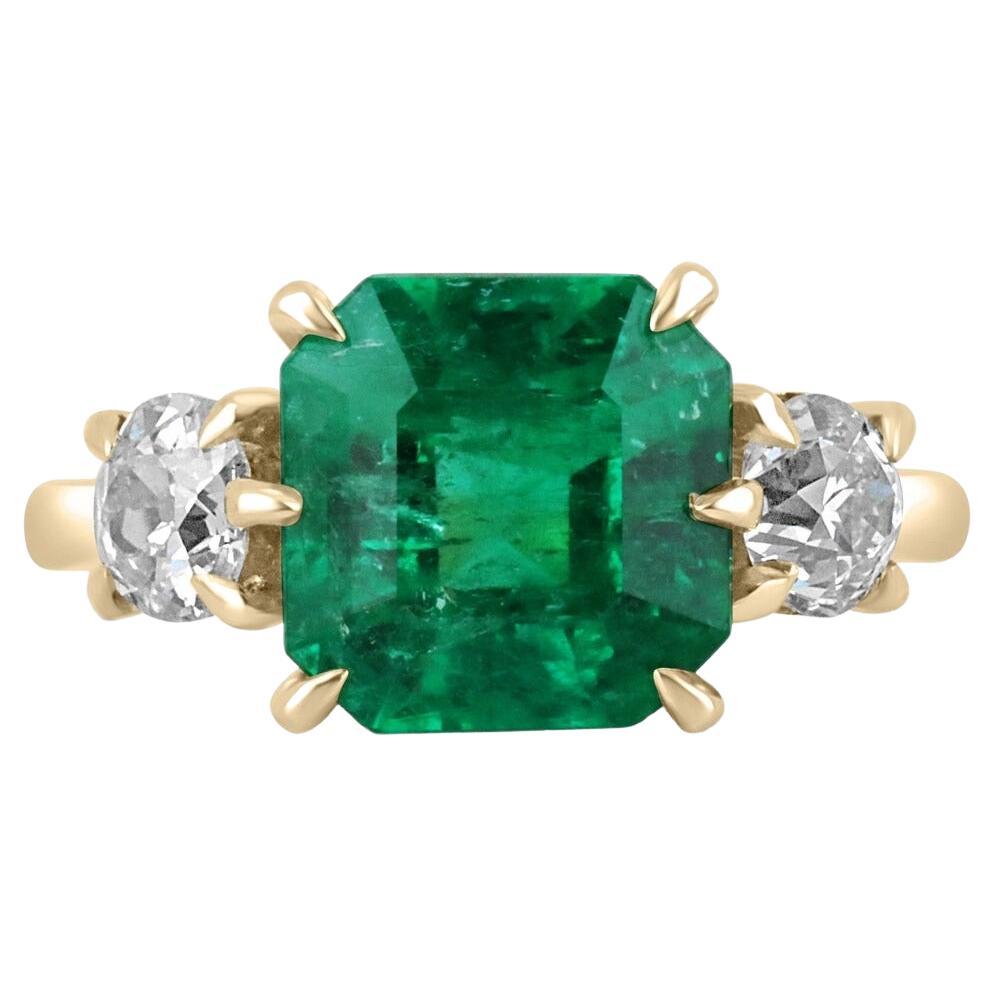 4.58tcw 18K Rich Green Asscher Emerald & OEC Diamond 3 Stone Vintage Gold Ring For Sale