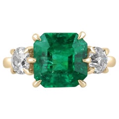 4.58tcw 18K Rich Green Asscher Emerald & OEC Diamond 3 Stone Vintage Gold Ring