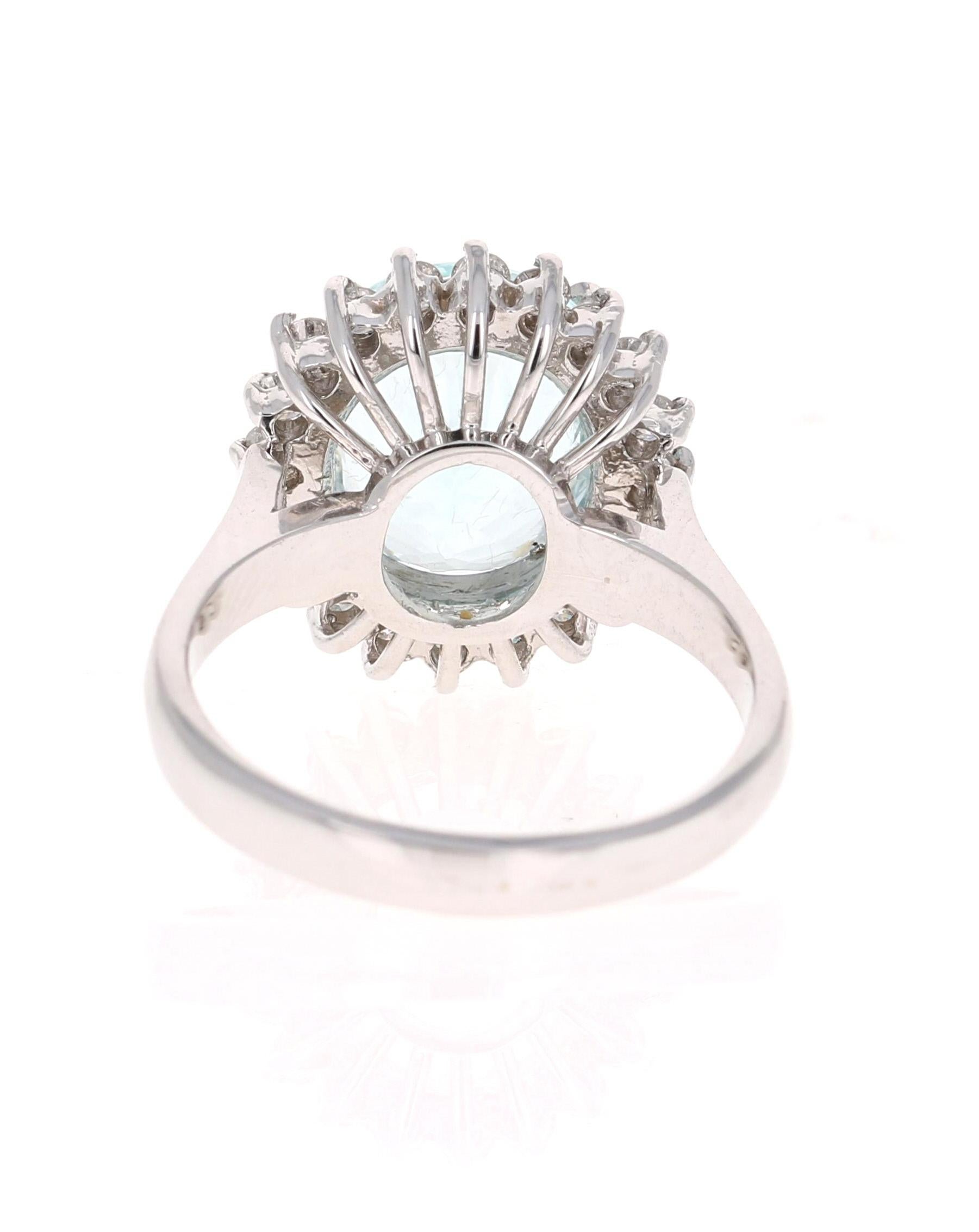 Oval Cut 4.59 Carat Aquamarine Diamond 14 Karat White Gold Ring