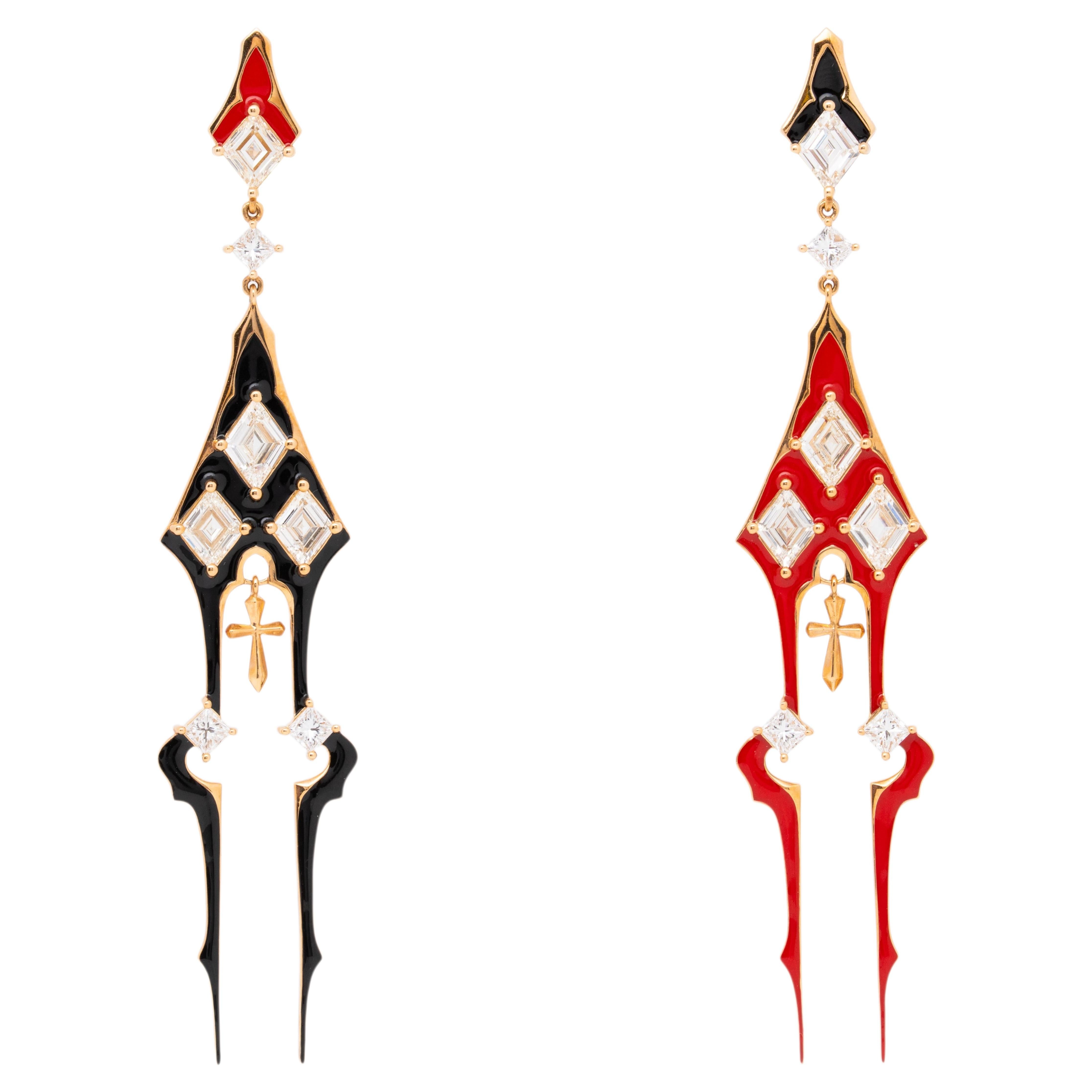 4.59 Carat Diamond Gothic Flamboyant Earrings, 18K Yellow Gold, Austy Lee