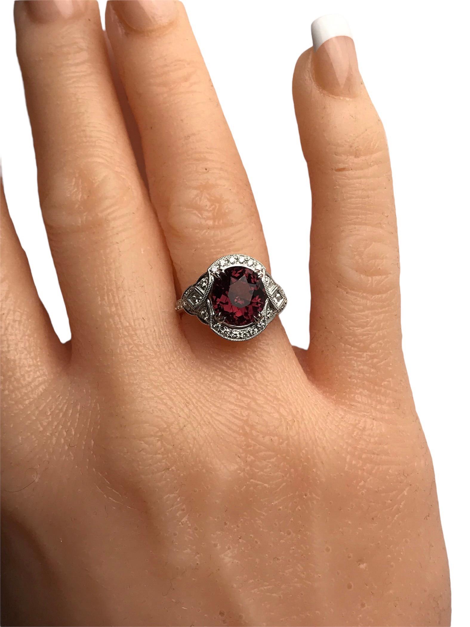 4.59 Carat Oval Cut Exotic Garnet and Natural Diamond Ring in 18k White ref1209 In New Condition For Sale In New York, NY