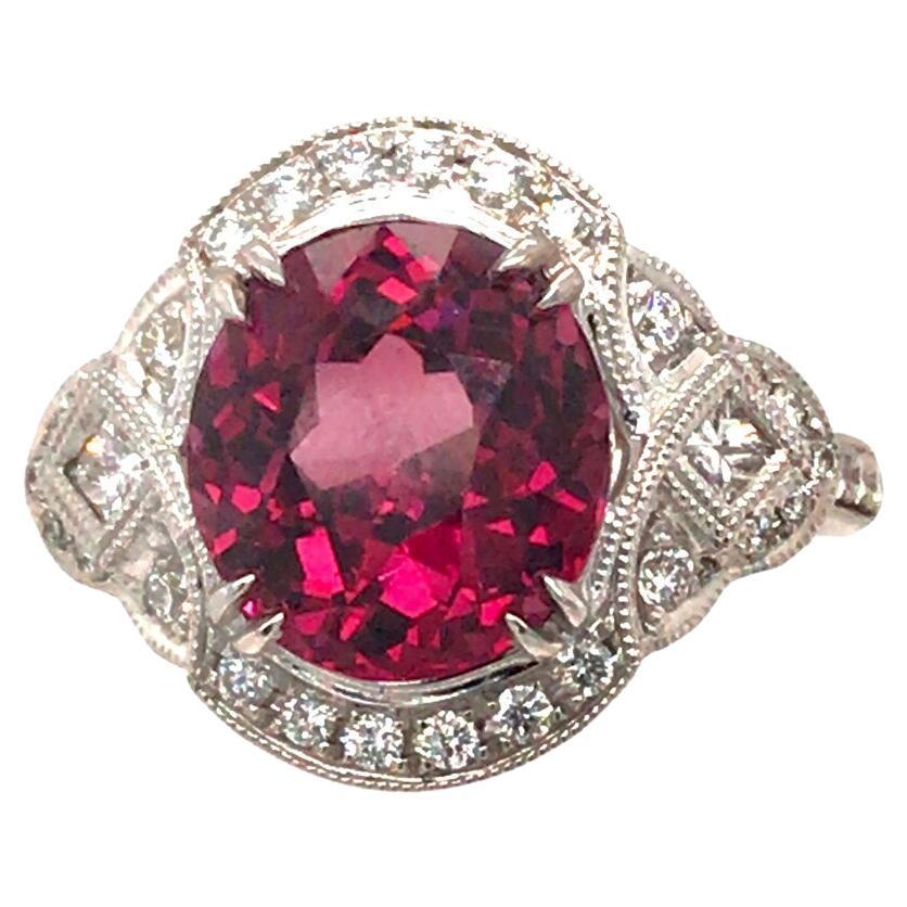 4.59 Carat Oval Cut Exotic Garnet and Natural Diamond Ring in 18k White ref1209 For Sale
