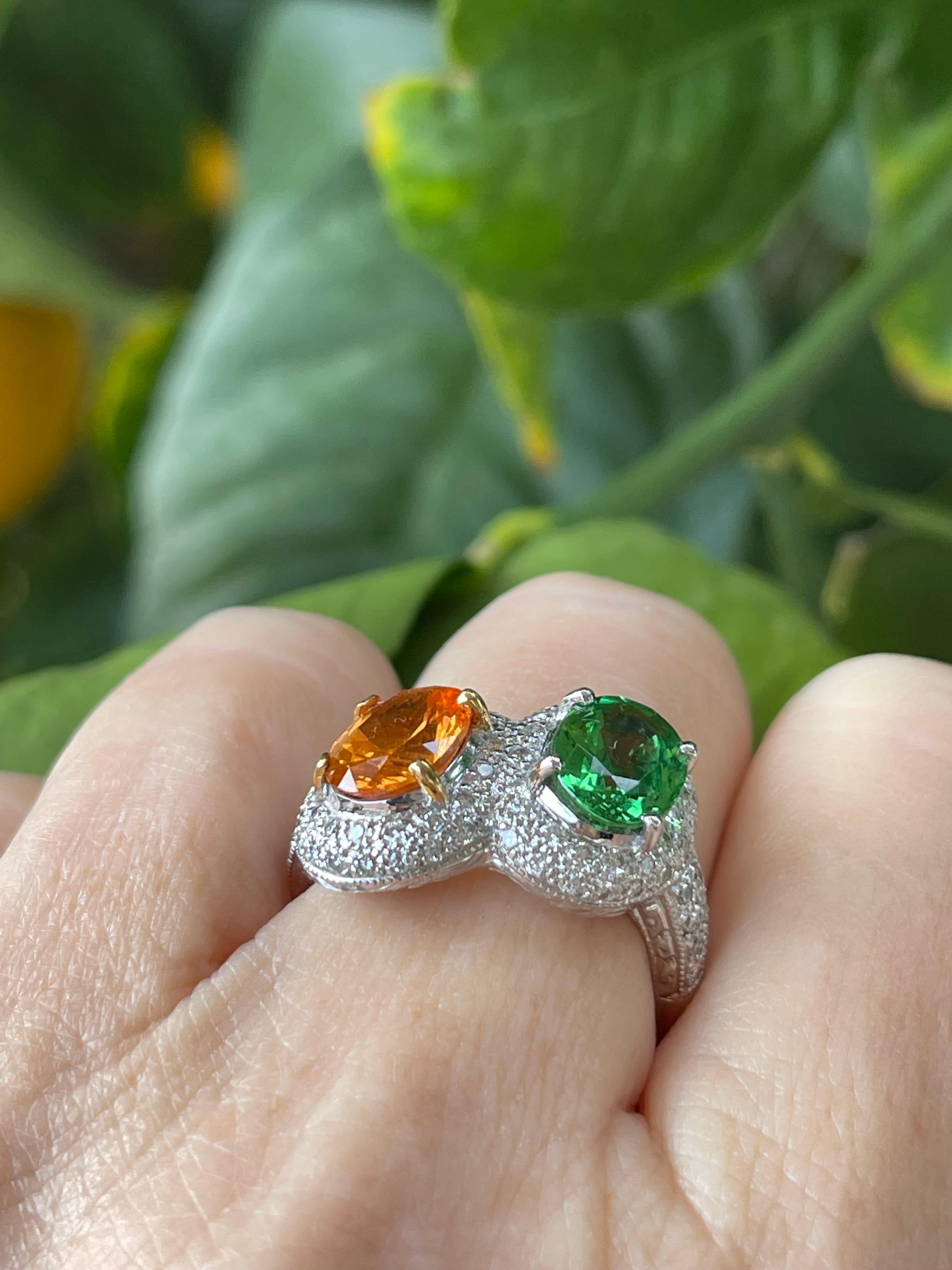 4.59 Total Carat of Tsavorite and Spessartite, Diamond Gold Ring In New Condition For Sale In Tucson, AZ