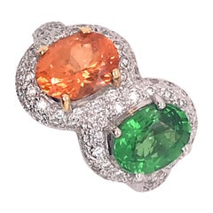 4.59 Total Carat of Tsavorite and Spessartite, Diamond Gold Ring