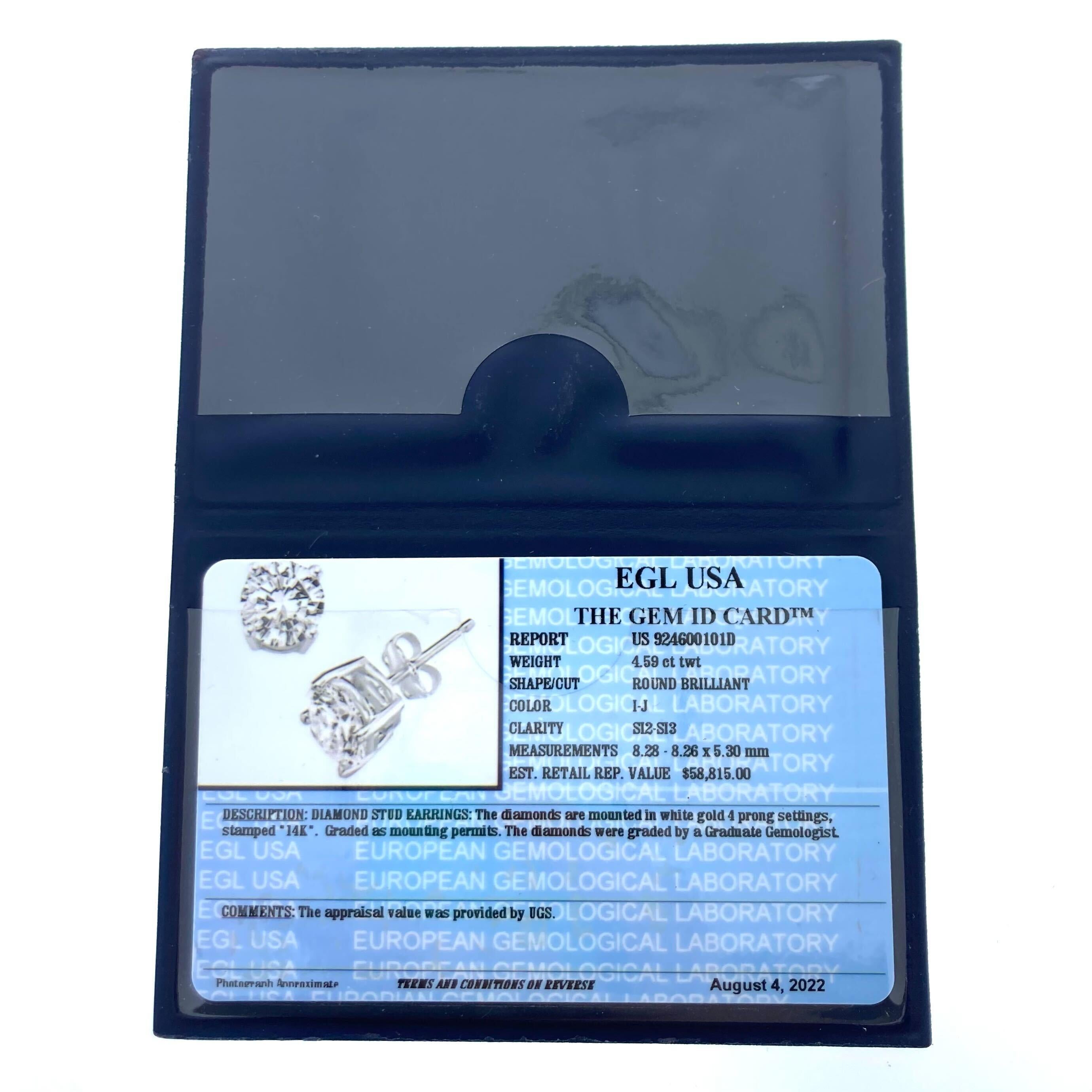 Contemporain Clous d'oreilles en or blanc 14 carats avec diamants ronds certifiés EGL d'un poids total de 4,59 carats en vente