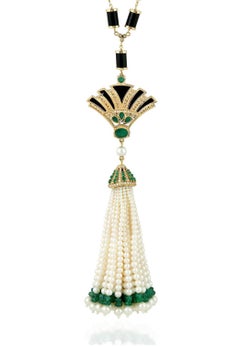 45.96 Carat Emerald Diamond Art Deco Style 14 Karat Gold Pearl Tassel Necklace