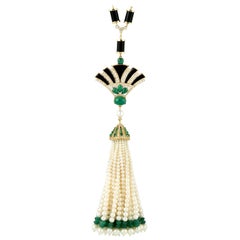 45.96 Carat Emerald Diamond Art Deco Style 14 Karat Gold Pearl Tassel Necklace