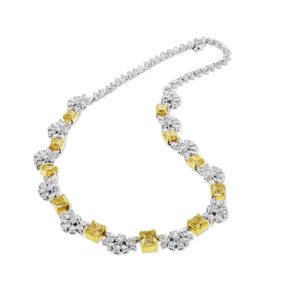 Modern 45.98ctw GIA Certified Cushion Cut Yellow & White Diamond Necklace in 18KT Gold For Sale