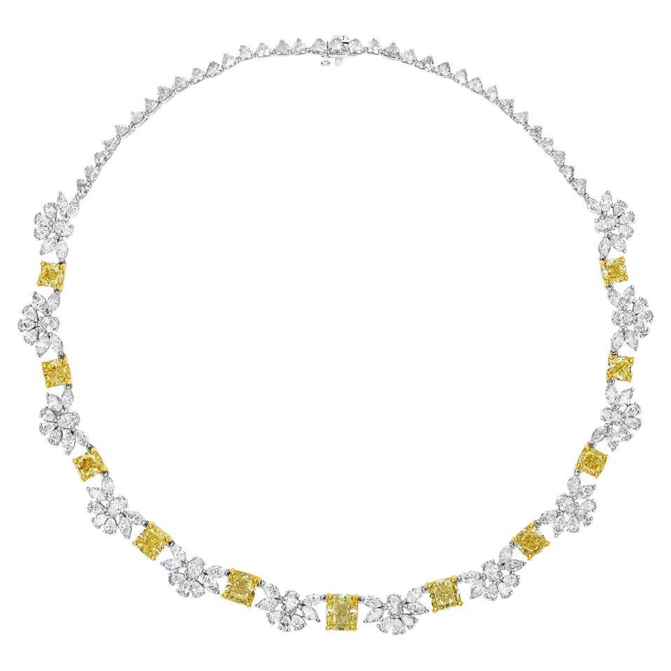 45.98ctw GIA Certified Cushion Cut Yellow & White Diamond Necklace in 18KT Gold For Sale