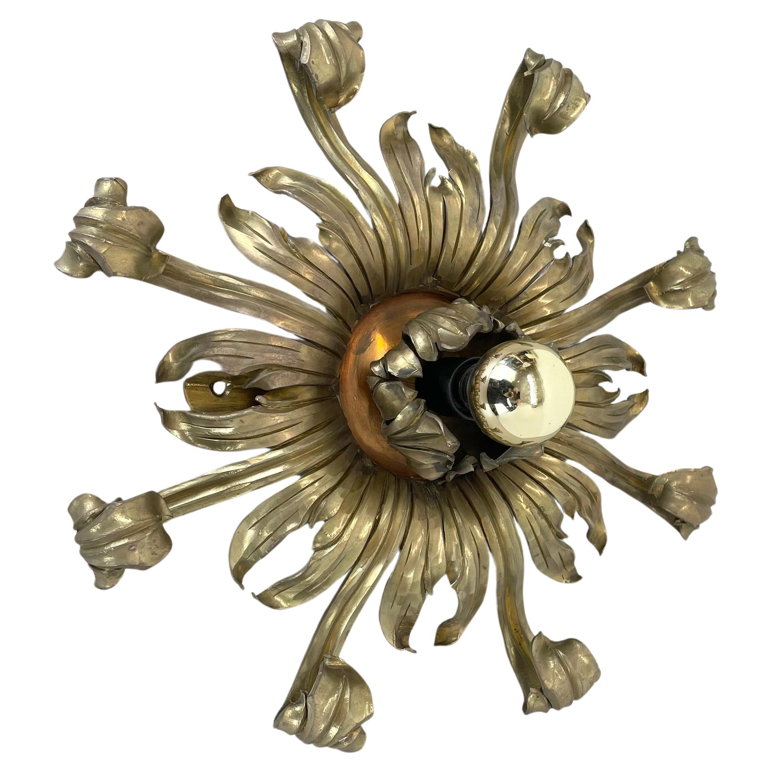 45cm handmade Brass Stilnovo Style Floral Theatre Wall Ceiling Light, Italy 1970 For Sale