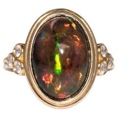 4.5Ct Black Opal Ring with Earth Mined Diamonds Accents: Solid 14K Gold, 15x10mm