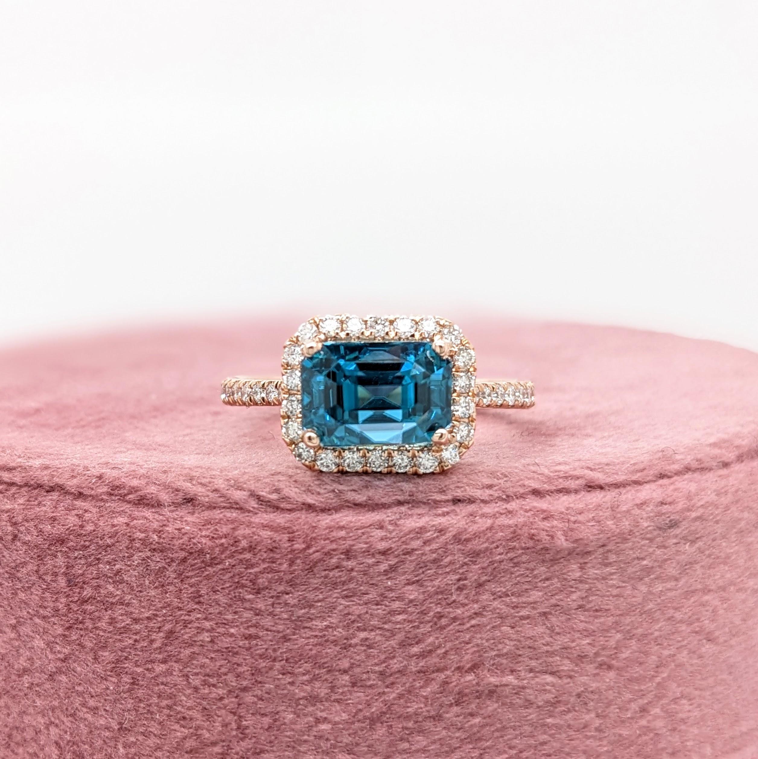 Emerald Cut 4.5ct Blue Zircon East West Ring w Natural Diamonds in Solid 14K Gold EM 8x6mm For Sale