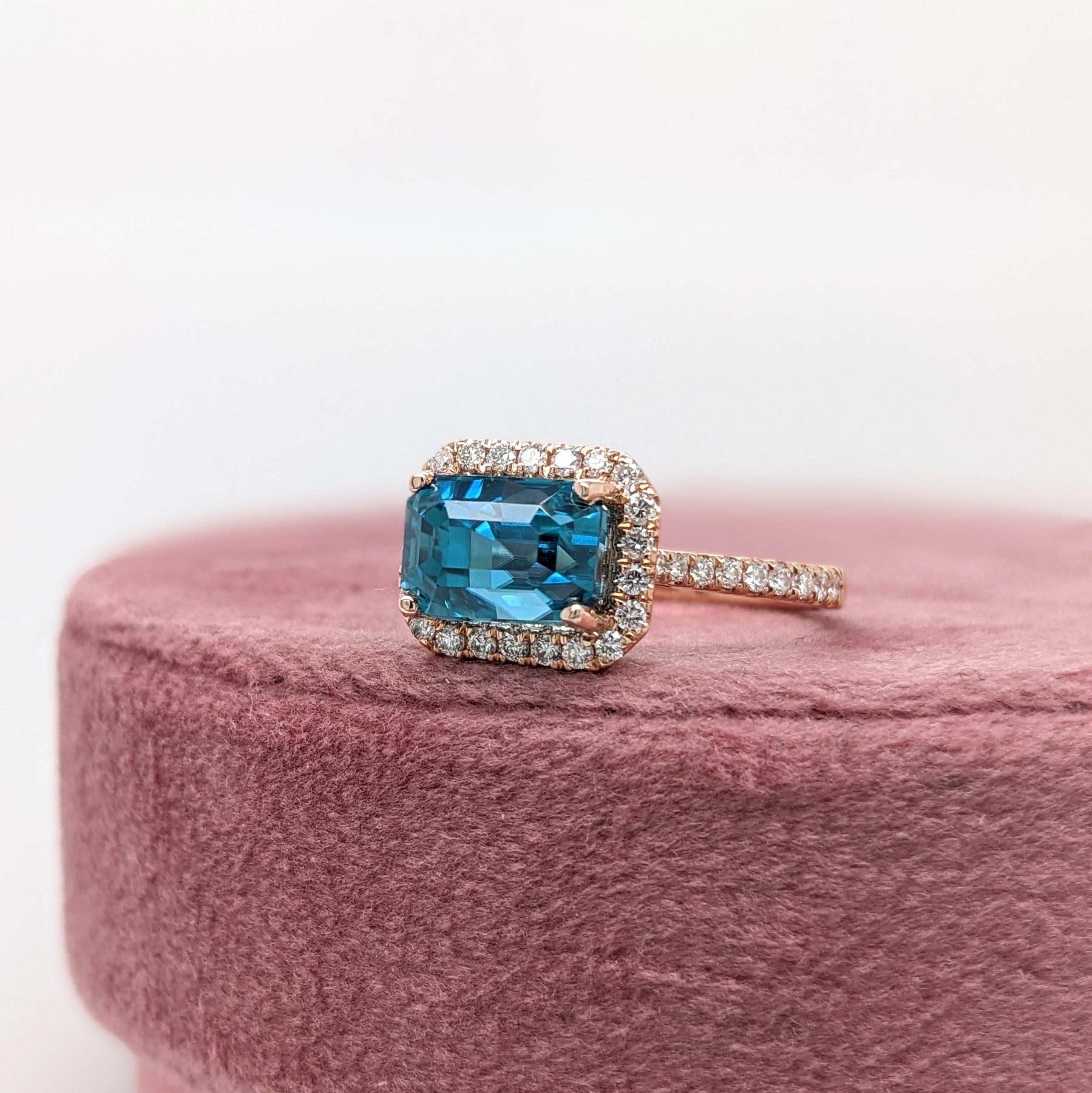 4.5ct Blue Zircon East West Ring w Natural Diamonds in Solid 14K Gold EM 8x6mm In New Condition For Sale In Columbus, OH