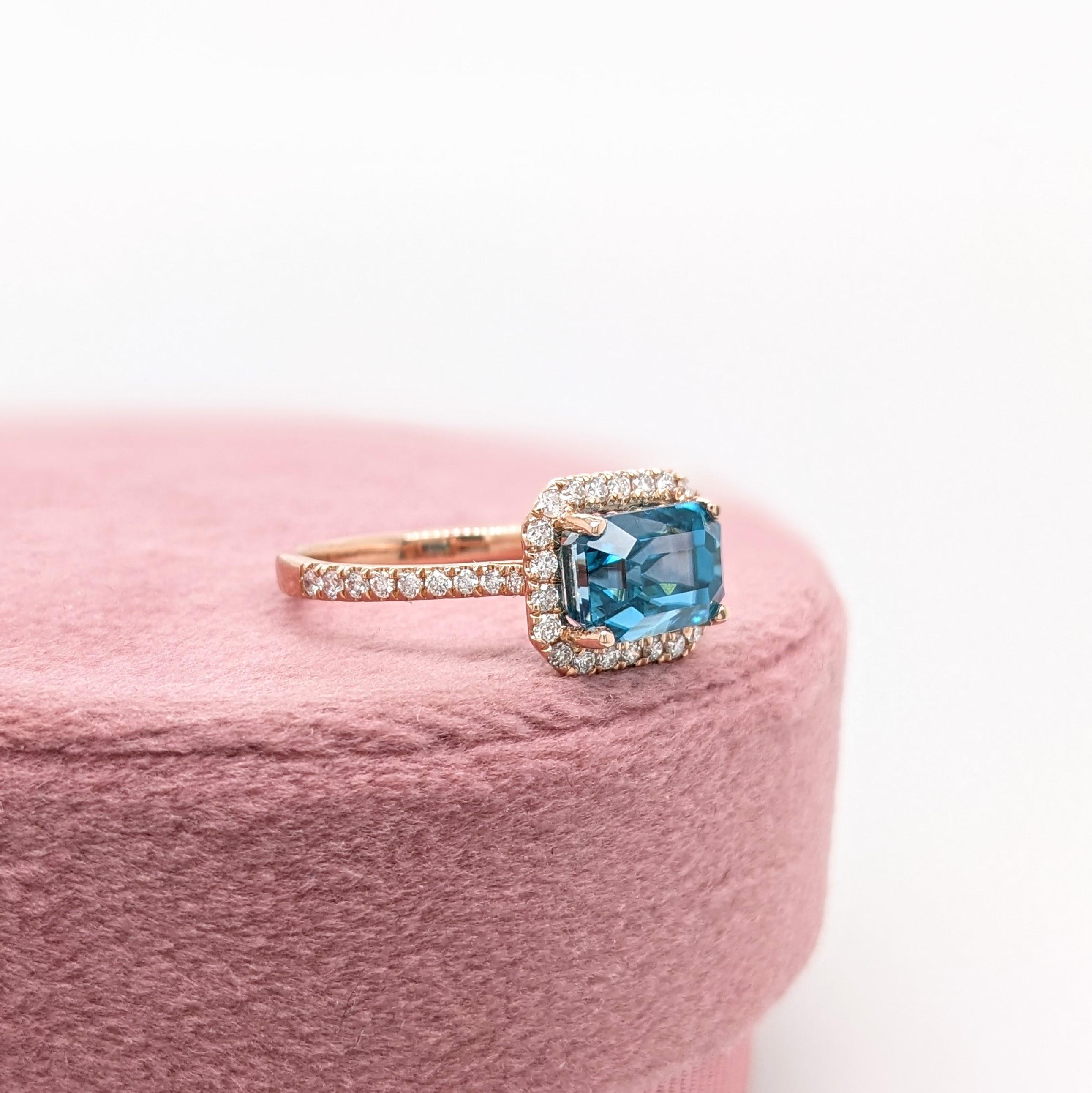 Women's 4.5ct Blue Zircon East West Ring w Natural Diamonds in Solid 14K Gold EM 8x6mm For Sale