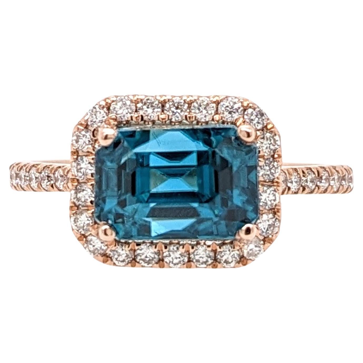 4.5ct Blue Zircon East West Ring w Natural Diamonds in Solid 14K Gold EM 8x6mm For Sale