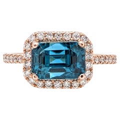 4.5ct Blue Zircon East West Ring w Natural Diamonds in Solid 14K Gold EM 8x6mm