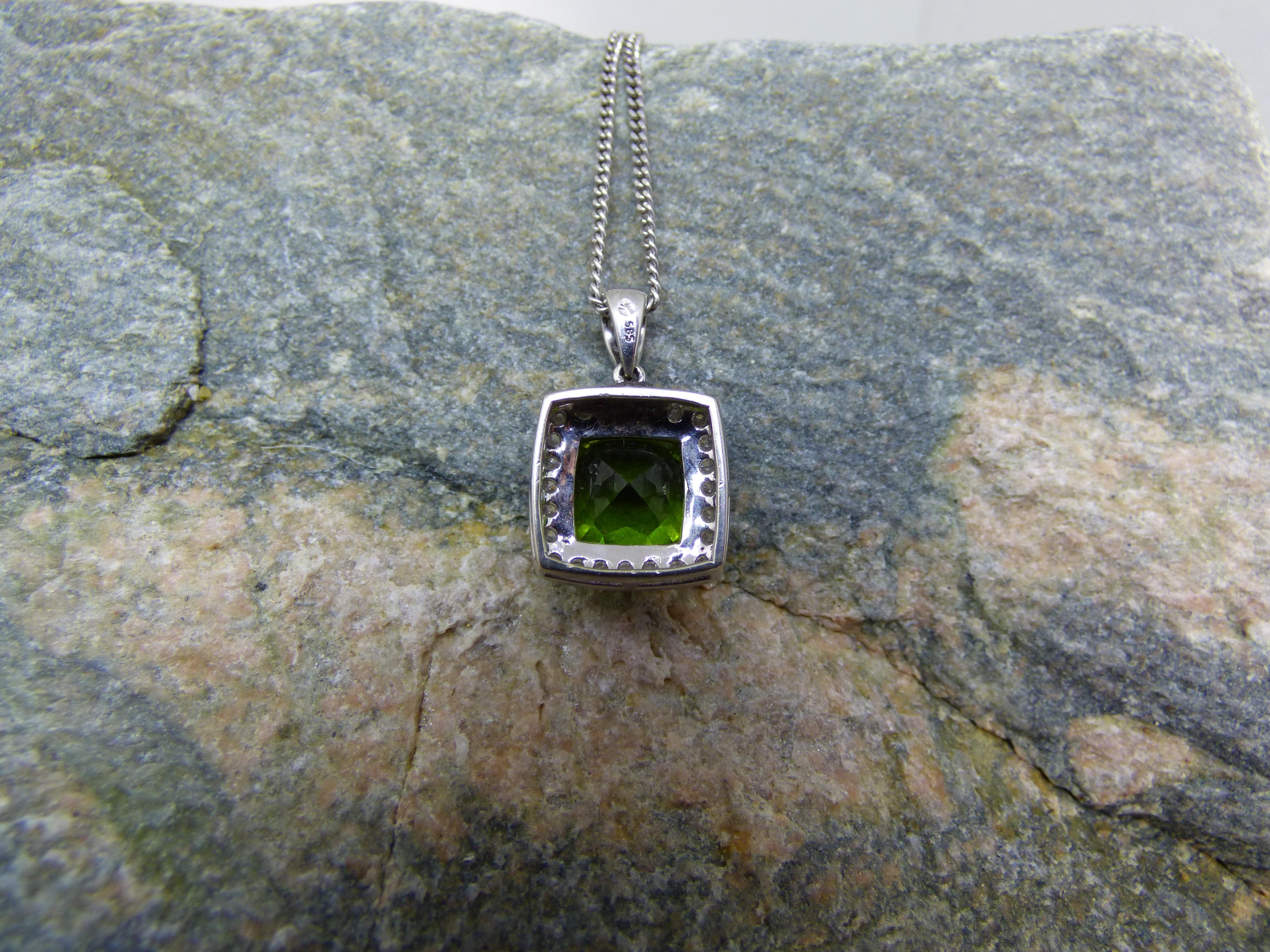 Women's 4.5ct. Cushion Cut Peridot and Diamond Pendant in 14K White Gold. For Sale