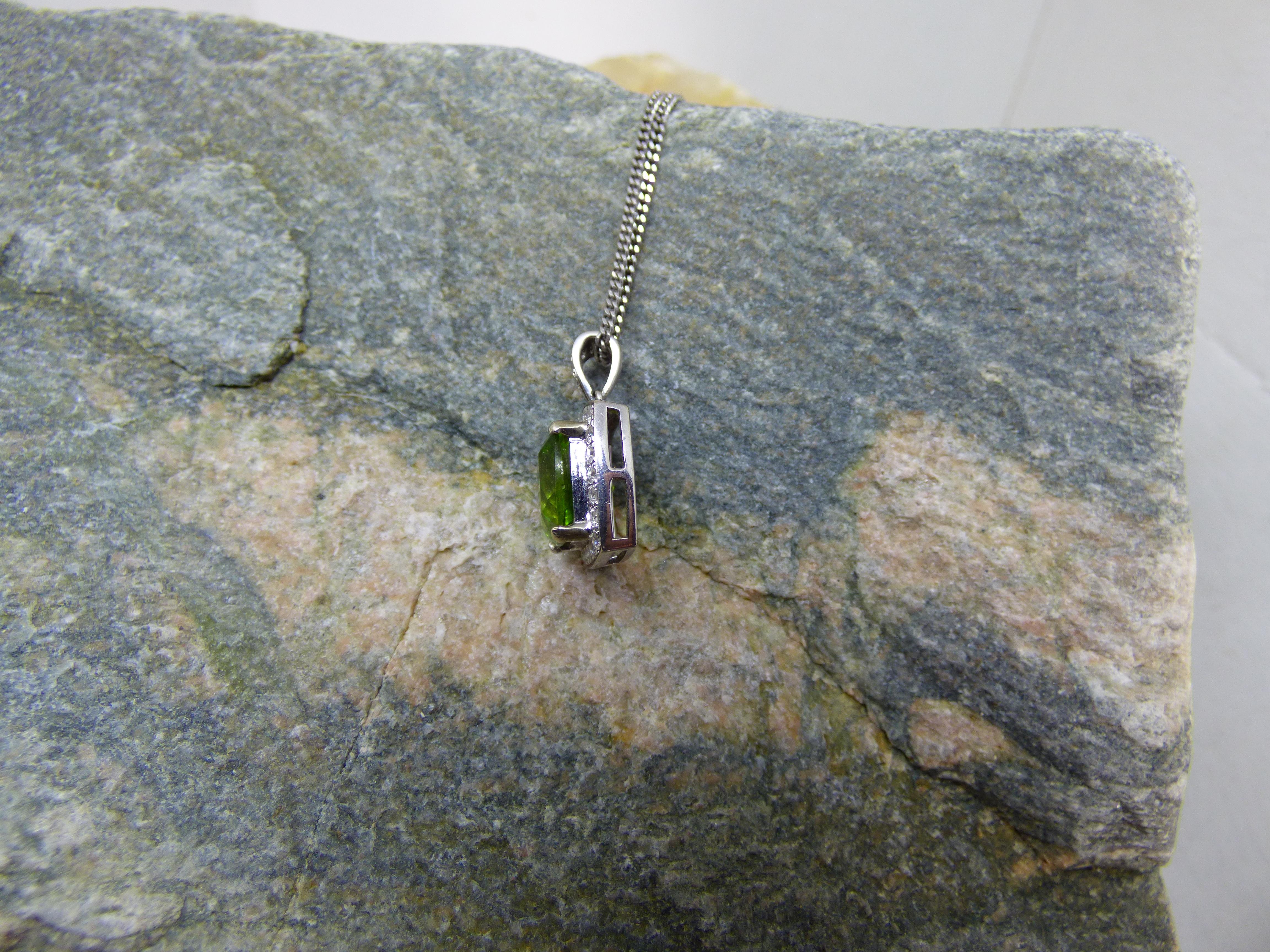 4.5ct. Cushion Cut Peridot and Diamond Pendant in 14K White Gold. For Sale 1