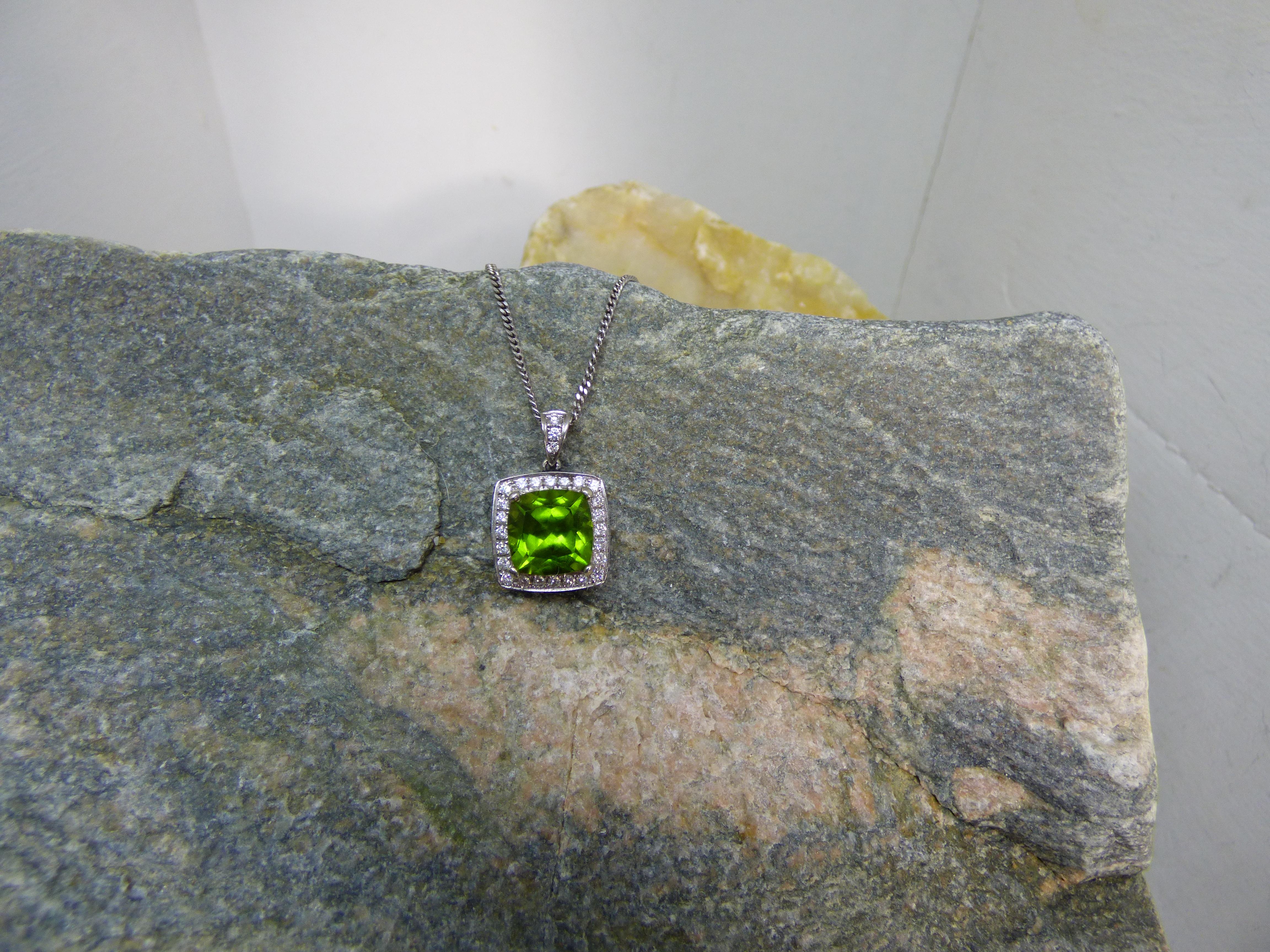 4.5ct. Cushion Cut Peridot and Diamond Pendant in 14K White Gold. For Sale 2