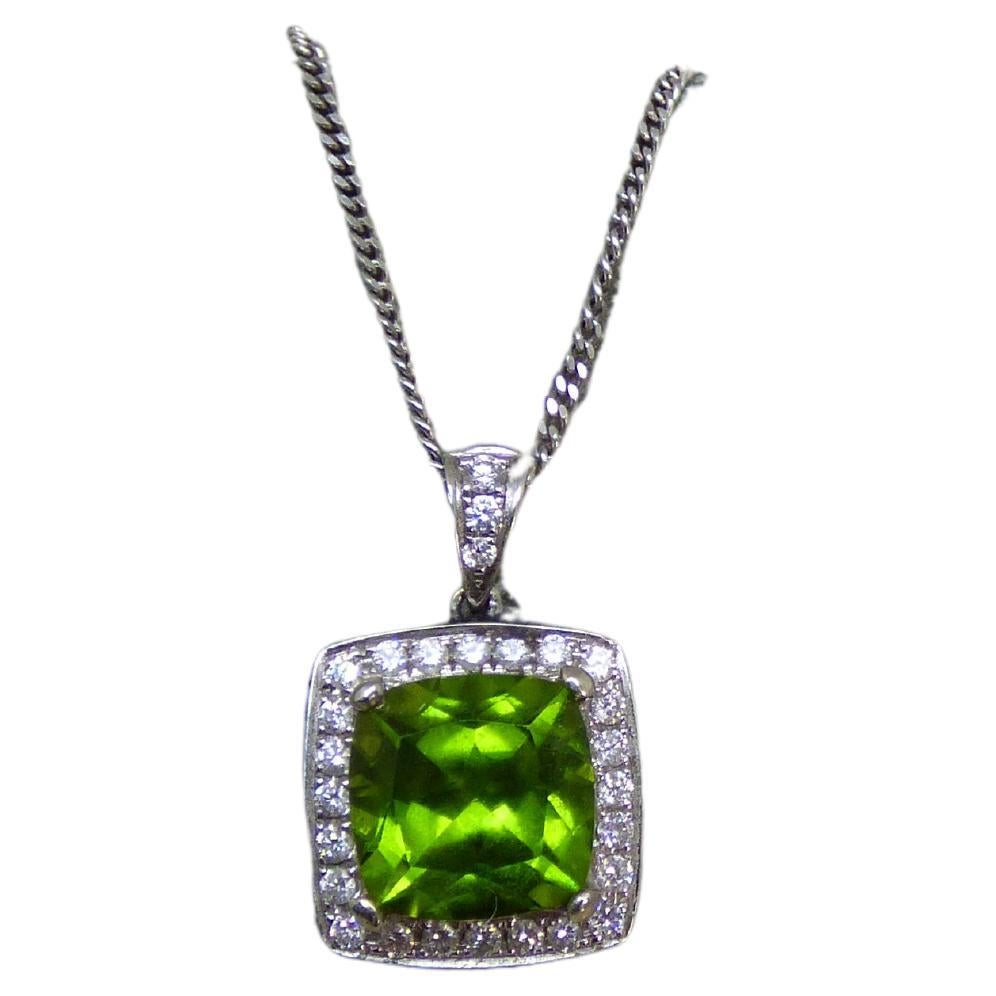 4.5ct. Cushion Cut Peridot and Diamond Pendant in 14K White Gold. For Sale
