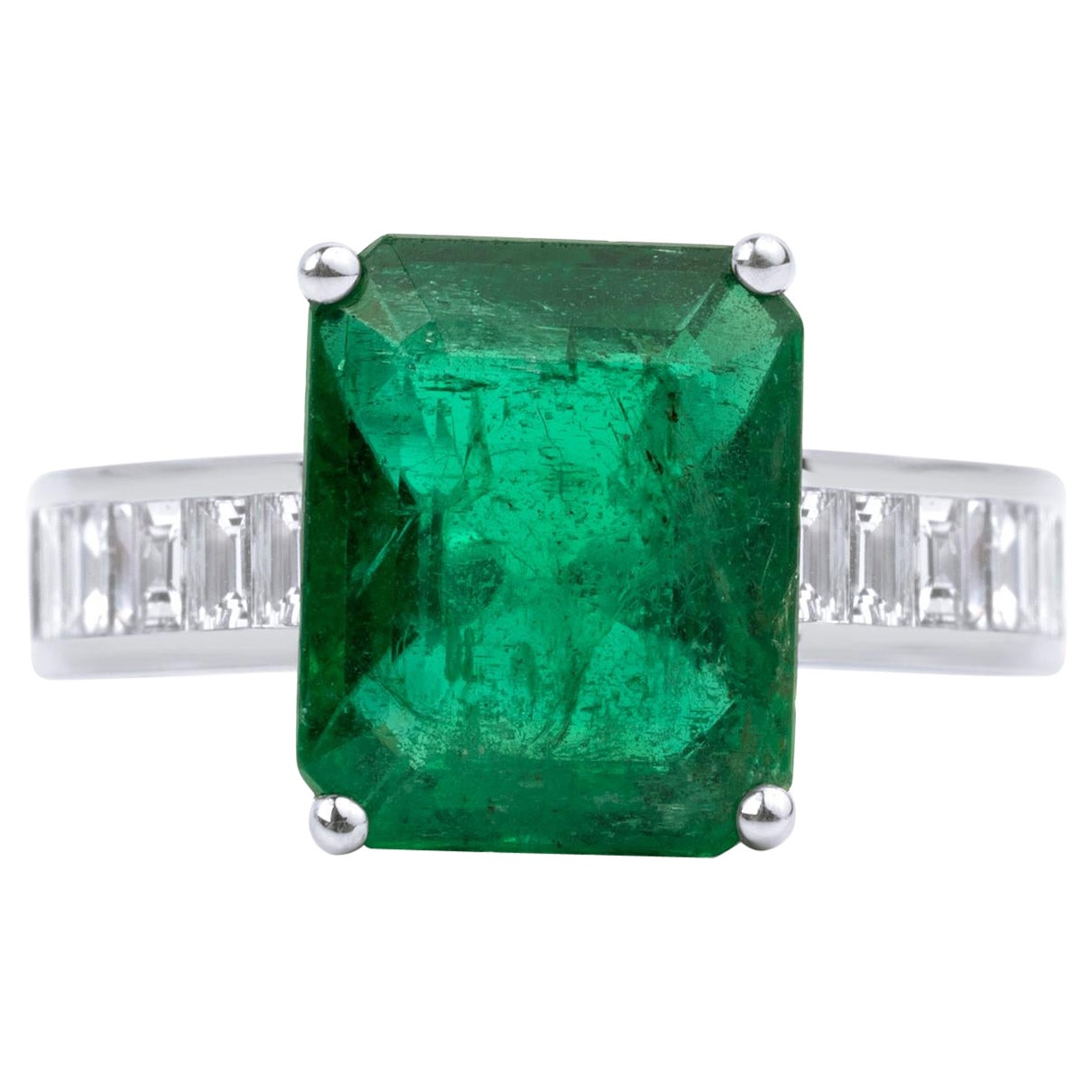 Bague de fiançailles cocktail en or blanc 18 carats avec diamants et émeraude naturelle de 4,5 carats