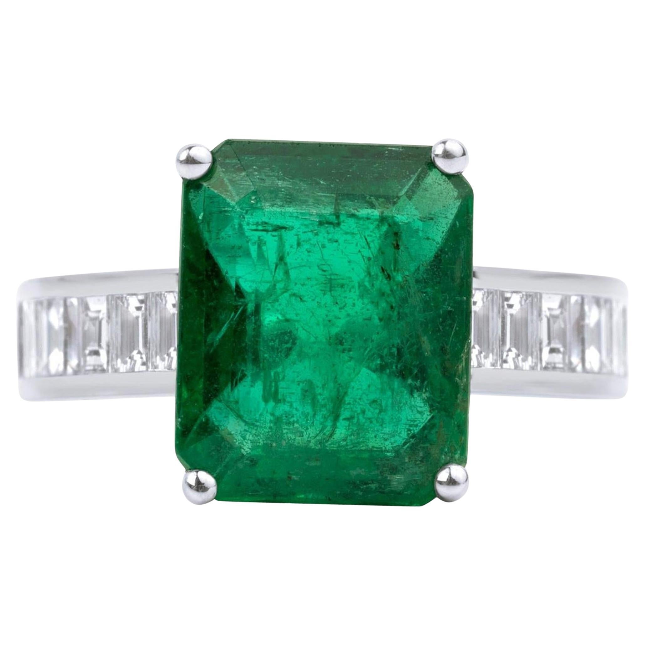 4.5ct Natural Emerald & Baguette Diamond Engagement Ring in 18K White Gold