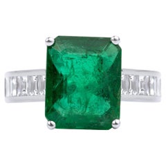 4.5ct Natural Emerald & Baguette Diamond Engagement Ring in 18K White Gold