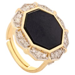 Bague cocktail ajustable en or jaune massif 14K, 4.5CTW Black Onyx Diamond
