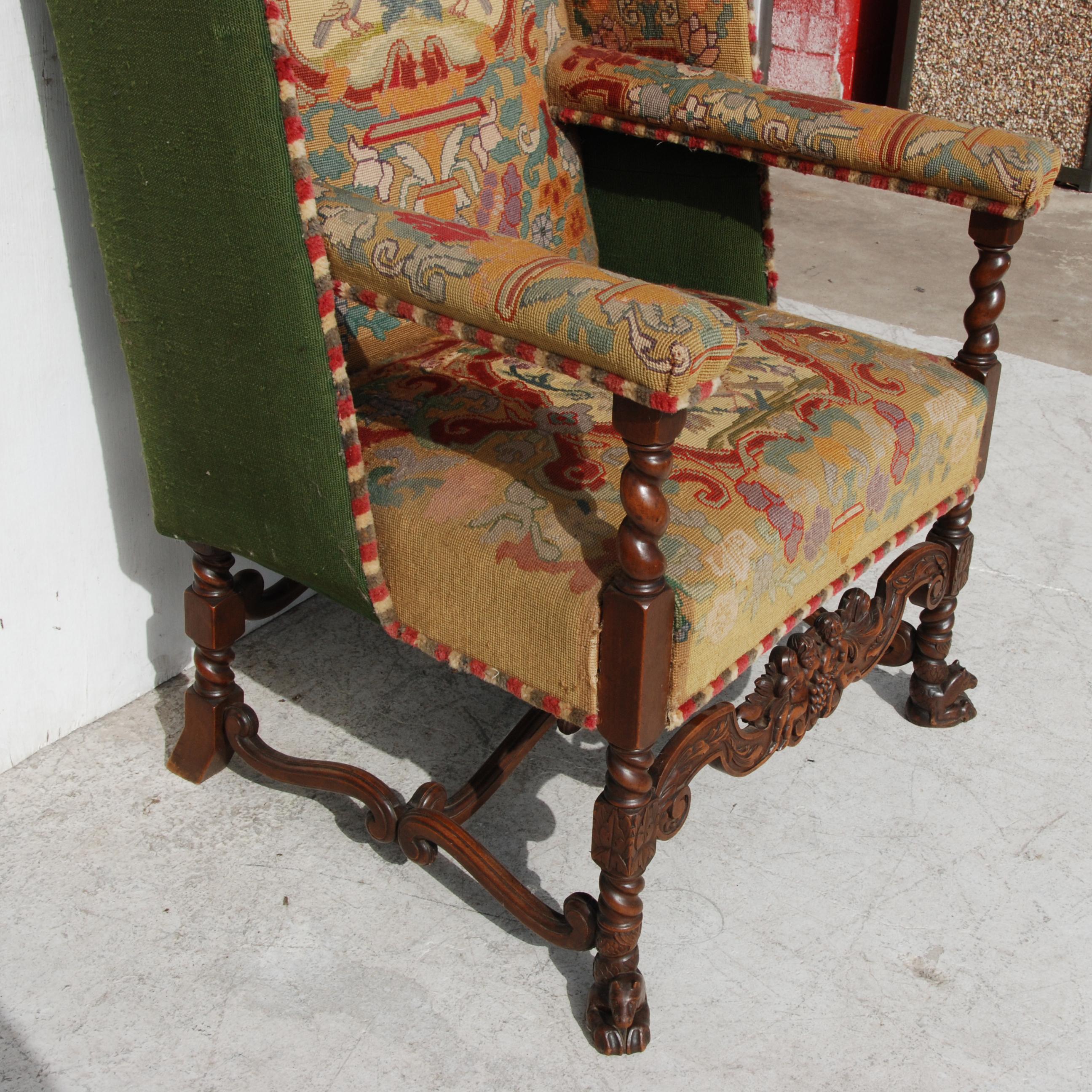 Textile Traditional Needlepoint Upholstery Wingback Armchair