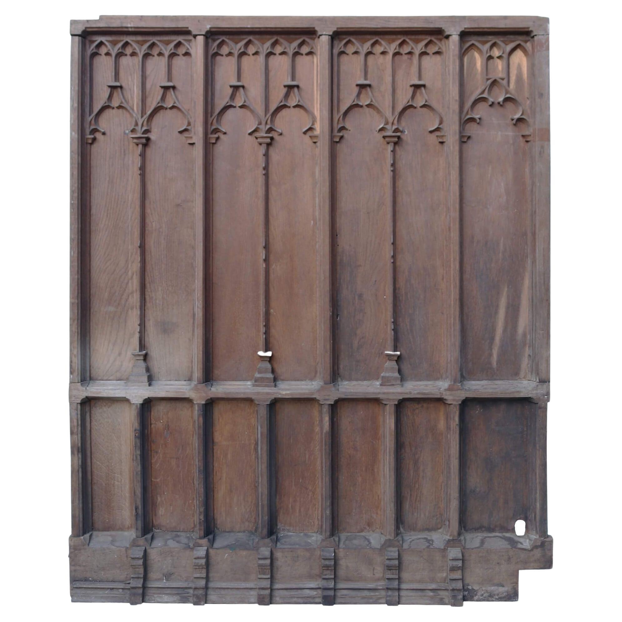 4.5m (14ft) Run of Full Height Antique Carved Oak Paneling For Sale