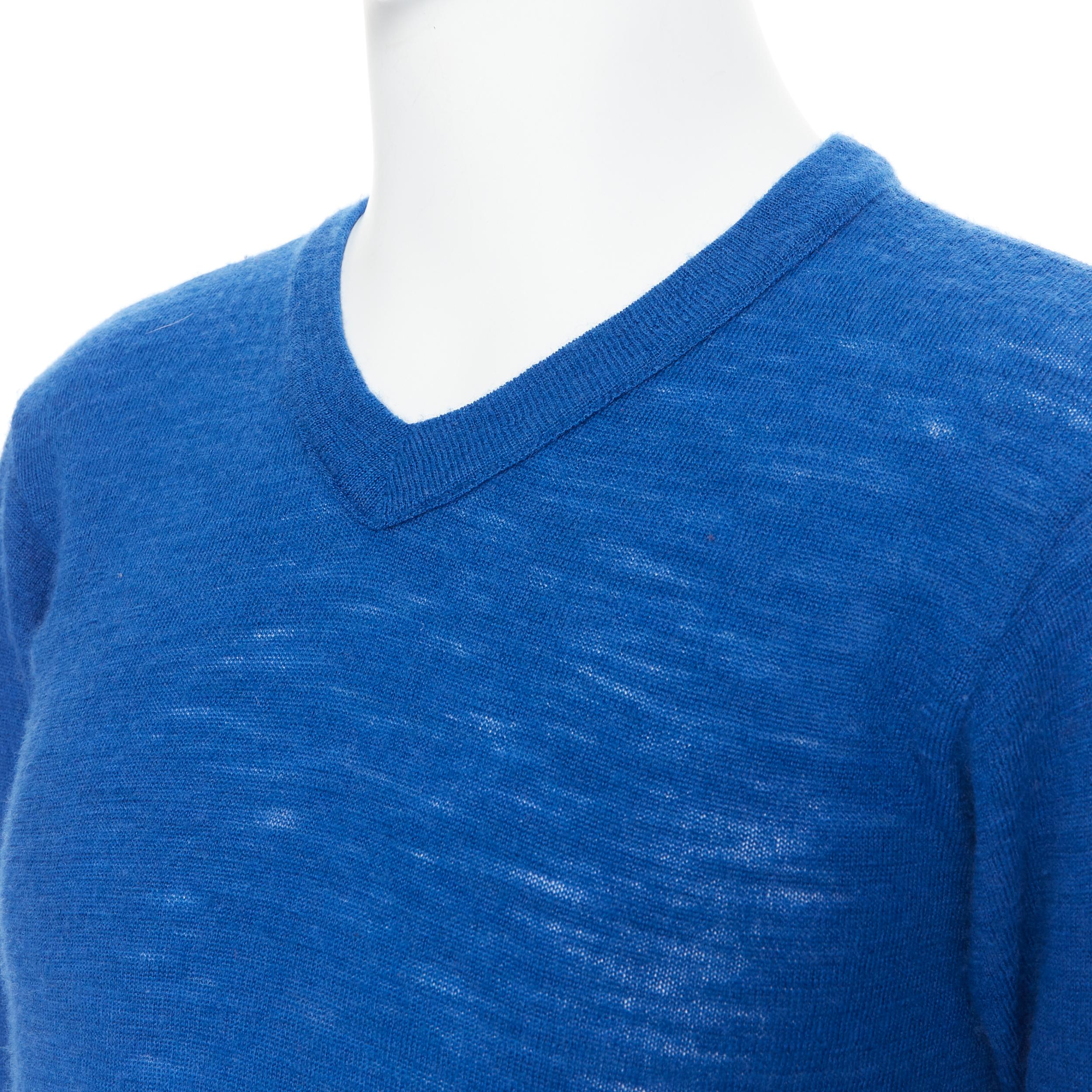 45R 100% wool cobalt blue V-neck long sleeve pullover sweater Sz 3 M 
Reference: PRCN/A00083 
Brand: 45R 
Material: Wool 
Color: Blue 
Pattern: Solid 
Extra Detail: 100% wool sweater. V-neck. 
Made in: Japan 

CONDITION: 
Condition: Very good, this