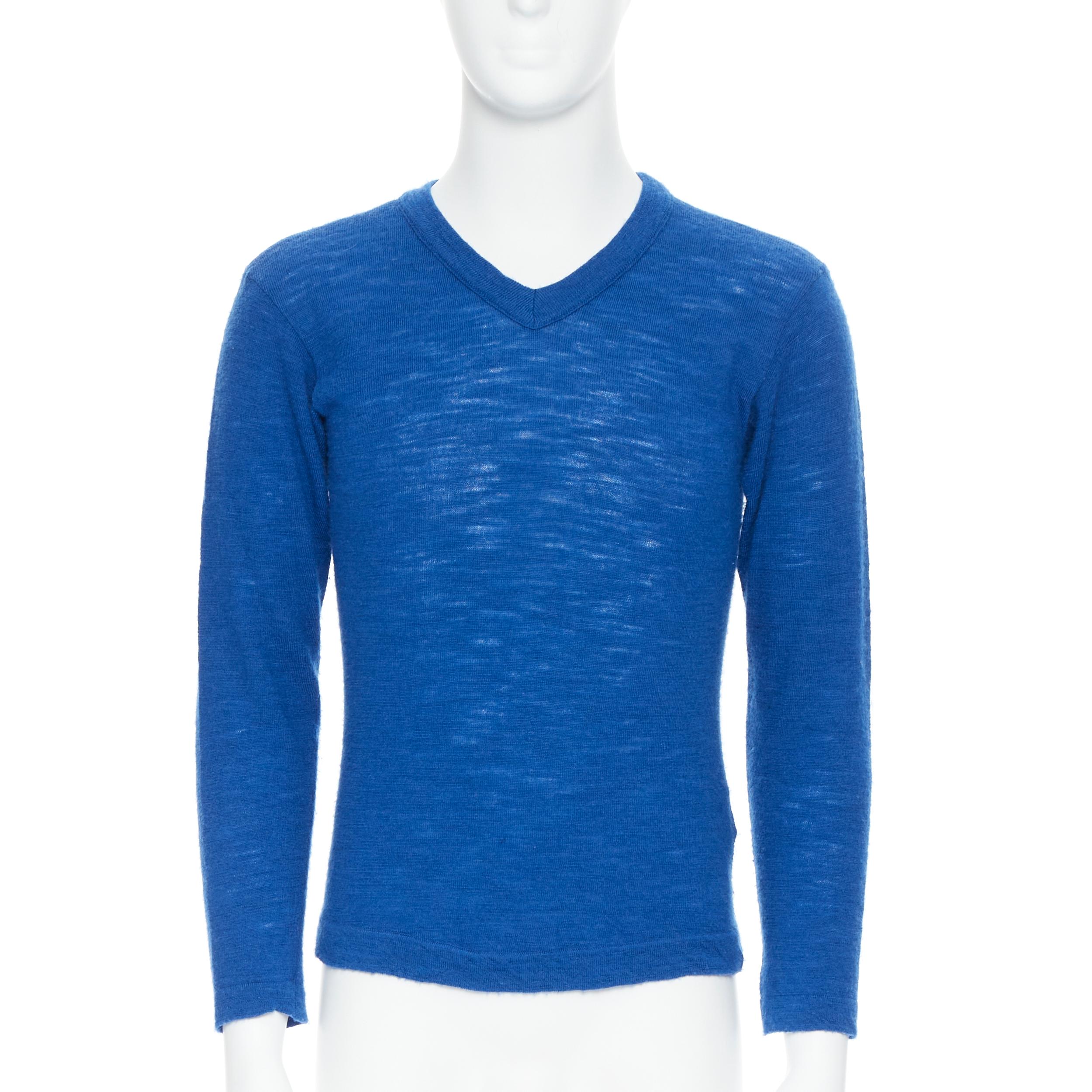 Blue 45R 100% wool cobalt blue V-neck long sleeve pullover sweater Sz 3 M For Sale
