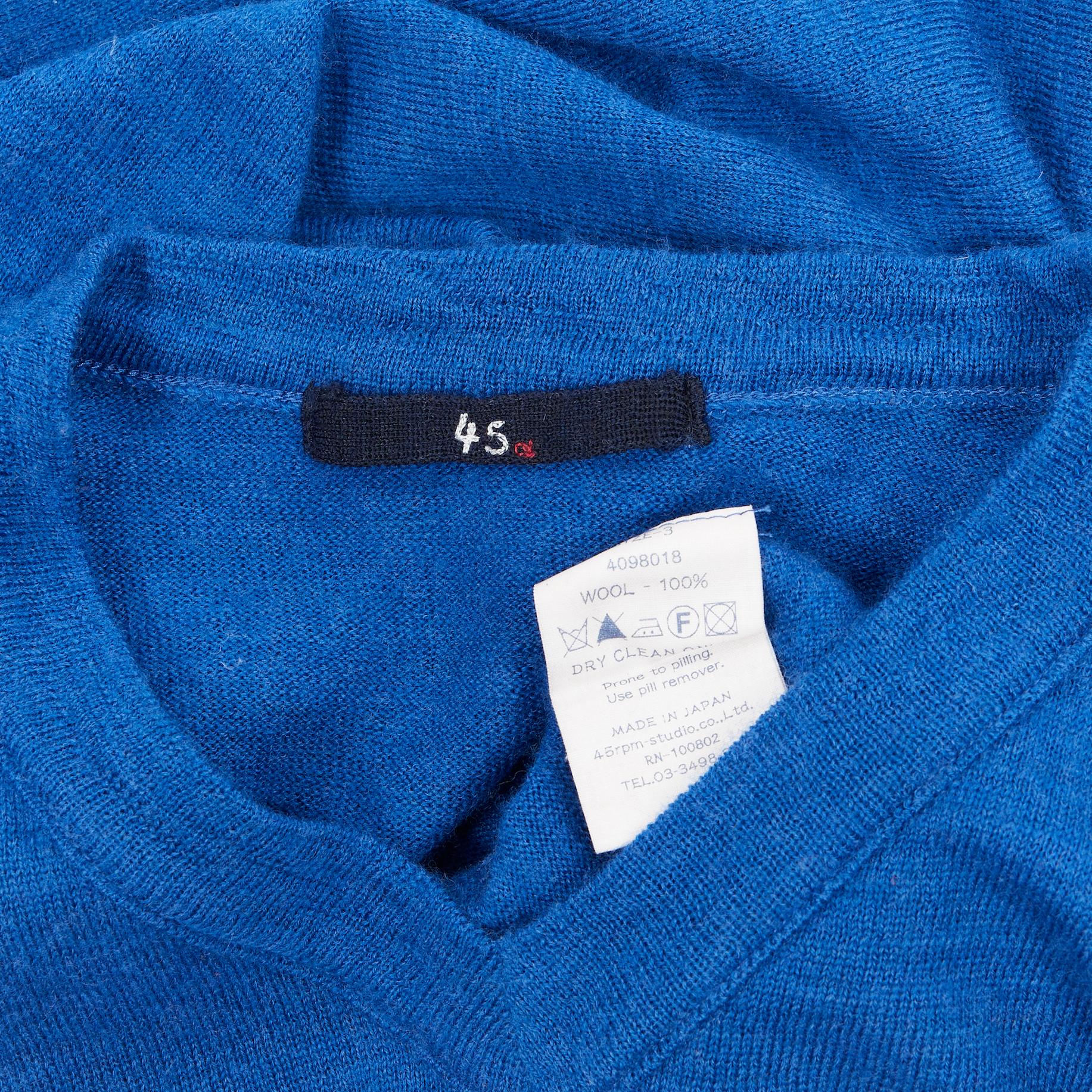 45R 100% wool cobalt blue V-neck long sleeve pullover sweater Sz 3 M For Sale 4