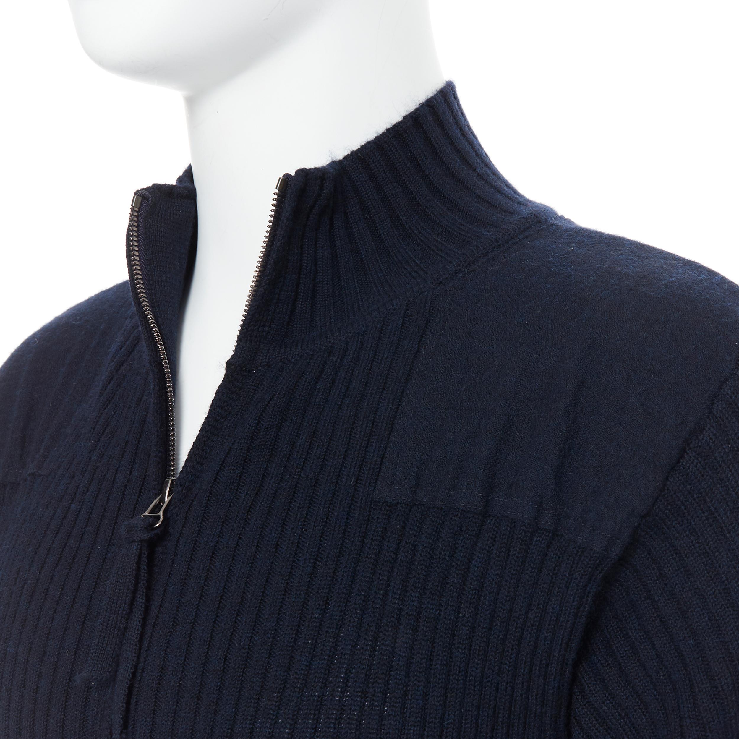45R 100% wool navy blue ribbed knit zip military patch cardigan sweater JP4 S 
Reference: PRCN/A00066 
Brand: 45R 
Material: Wool 
Color: Navy 
Pattern: Solid 
Closure: Zip 
Extra Detail: 100% wool. Navy blue. Ribbed knit. Military patch detailing