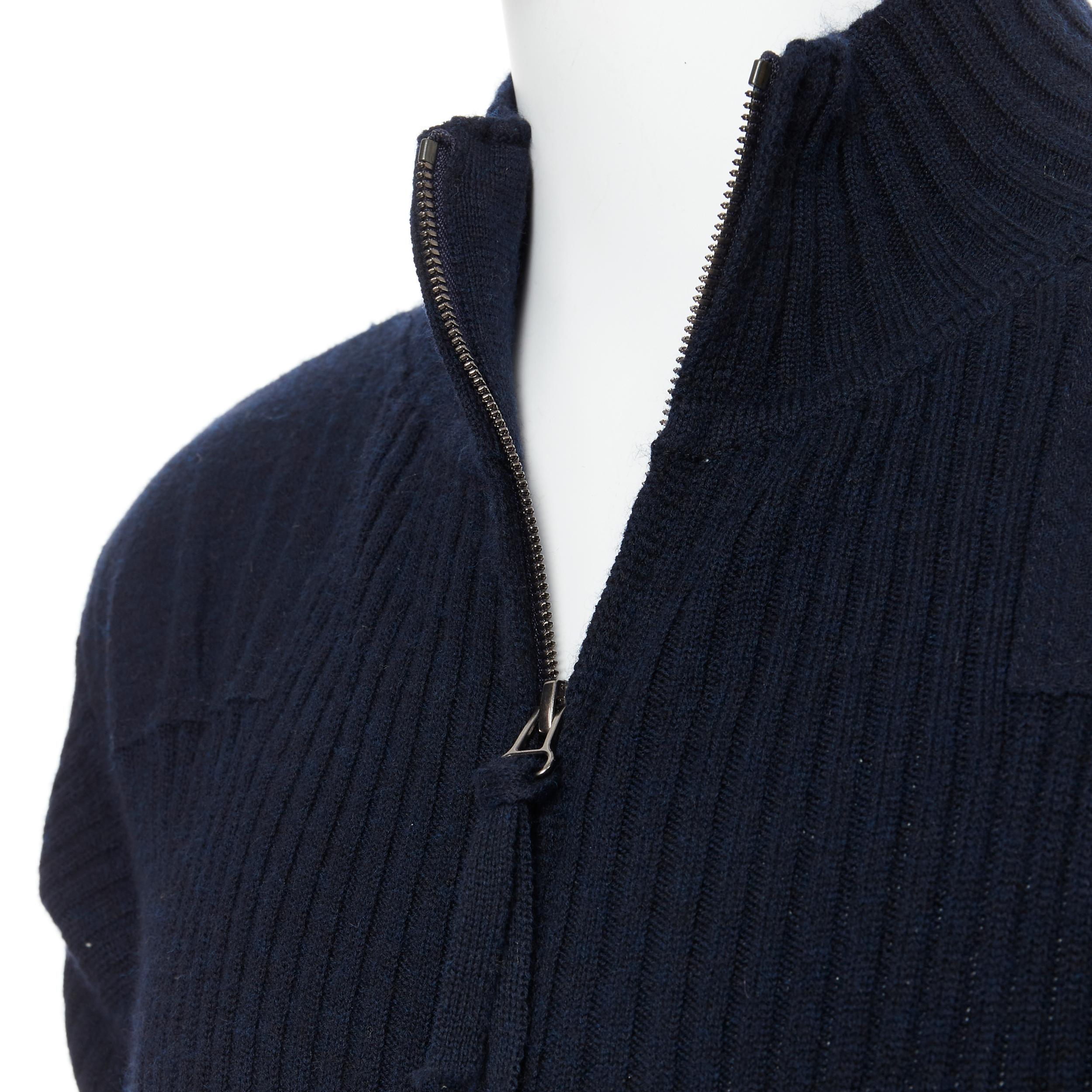 45R 100% wool navy blue ribbed knit zip military patch cardigan sweater JP4 S 2
